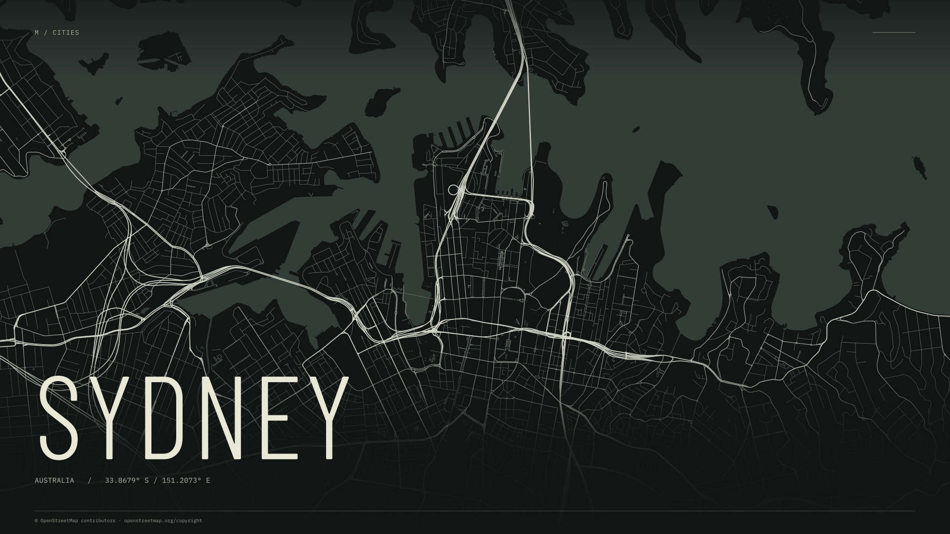 Sydney street map wallpaper with ivory streets on a dark background and geographic coordinates