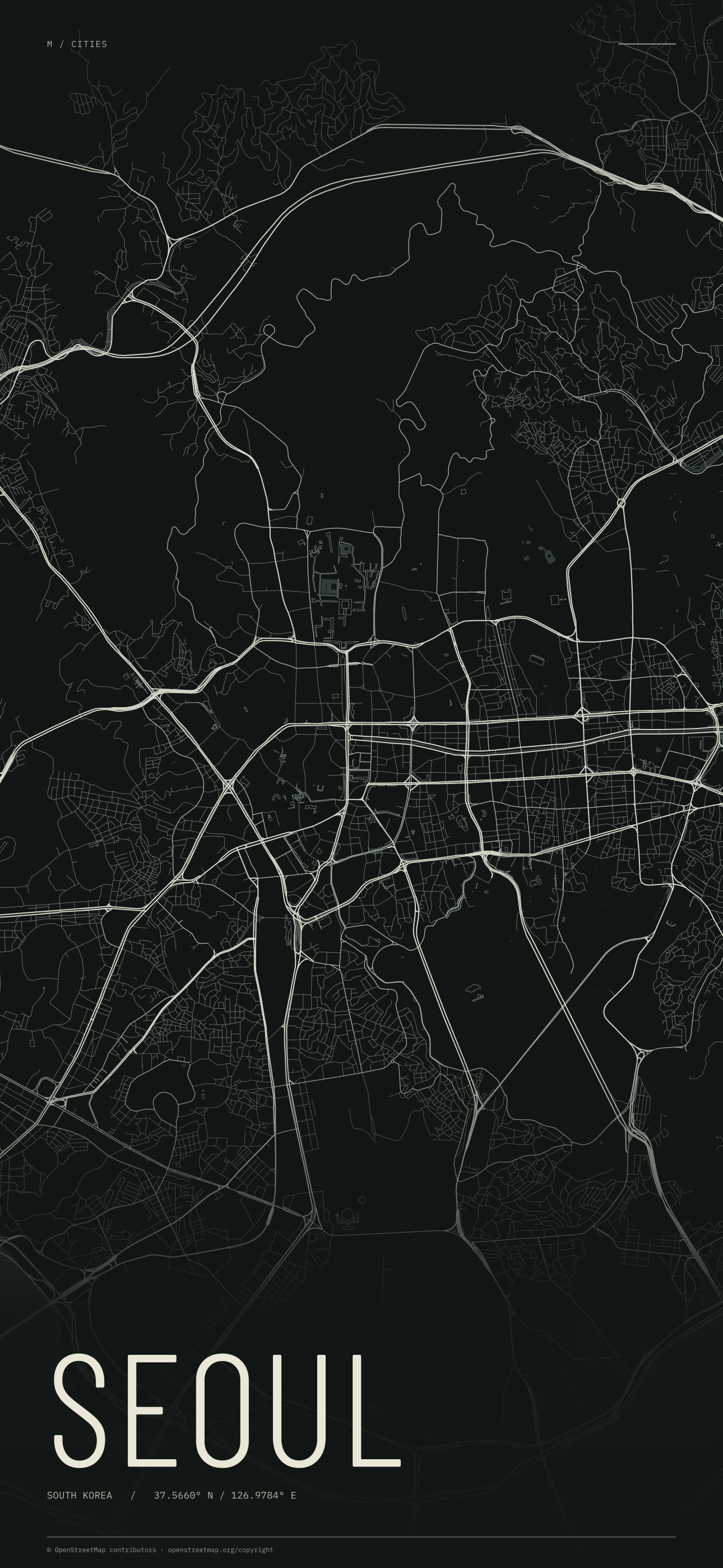 Seoul street map wallpaper with ivory streets on a dark background and geographic coordinates