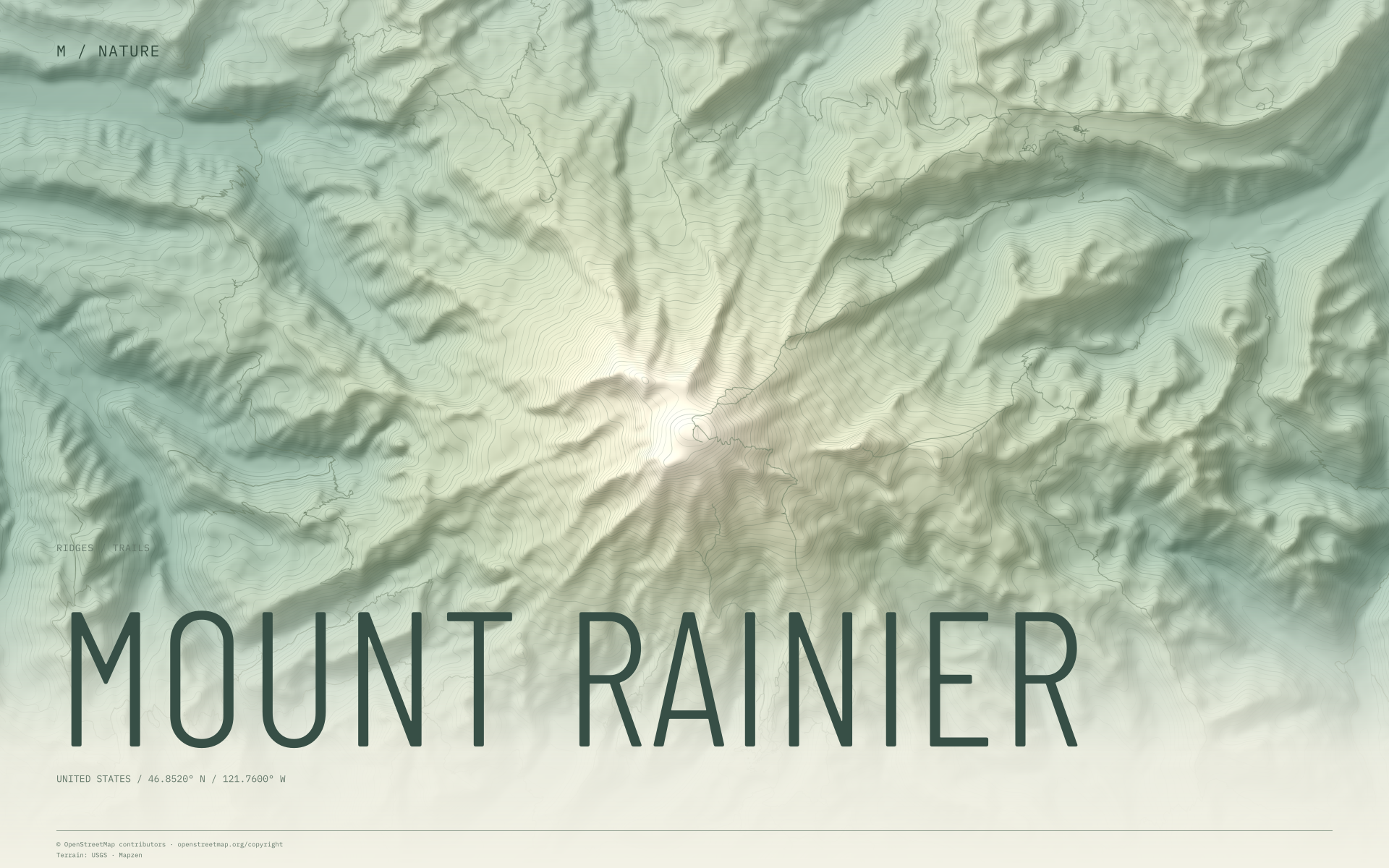 Mount Rainier nature wallpaper with sage terrain and trails and geographic coordinates