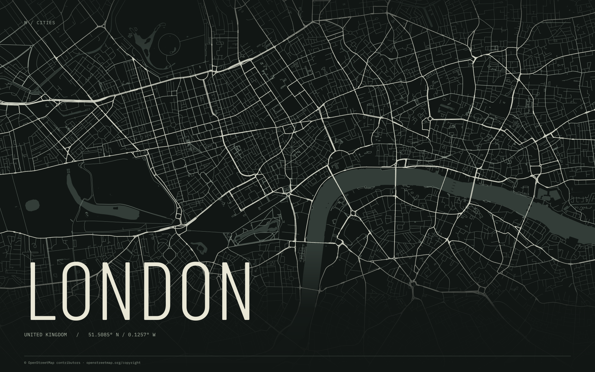 London street map wallpaper with ivory streets on a dark background and geographic coordinates