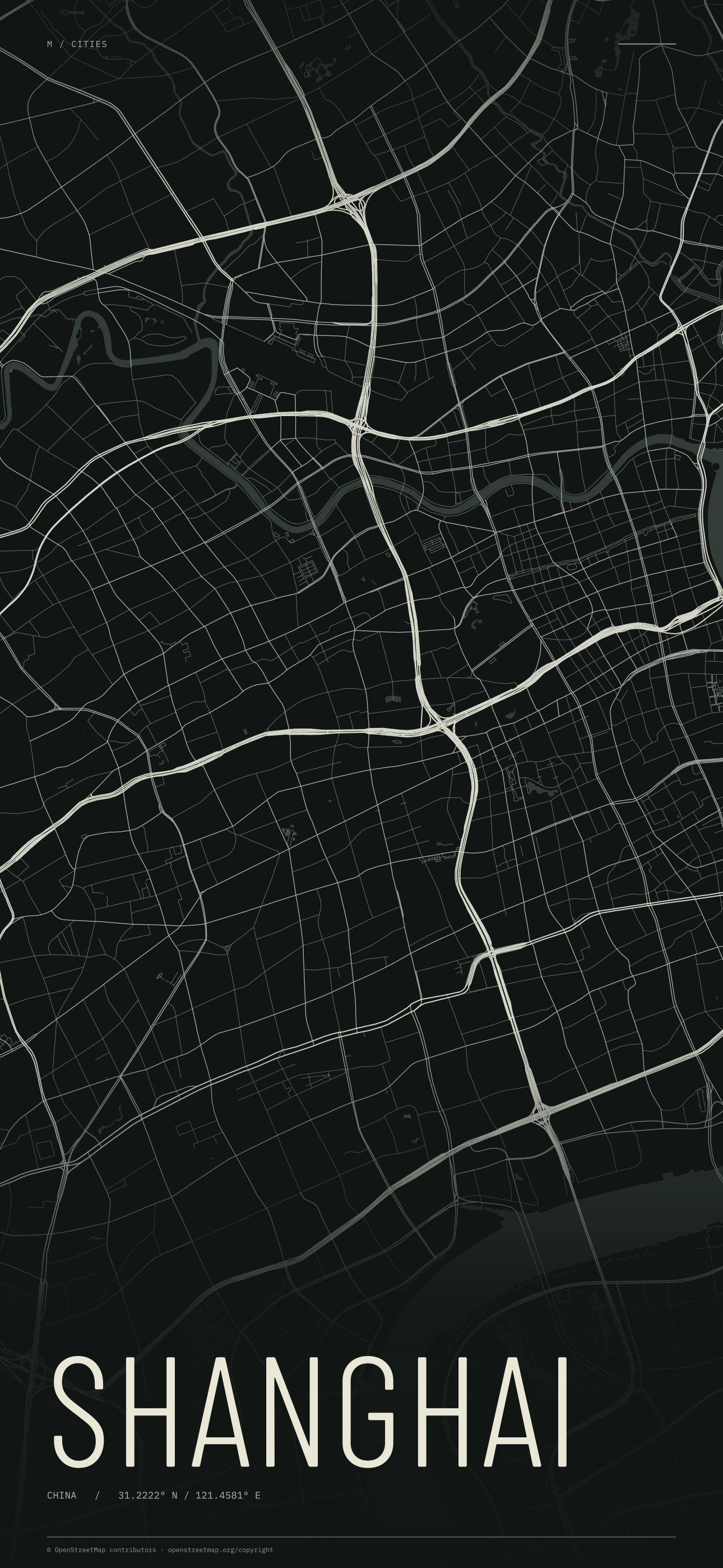 Shanghai street map wallpaper with ivory streets on a dark background and geographic coordinates