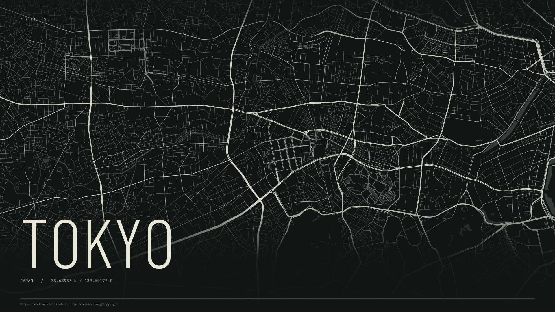 Tokyo street map wallpaper with ivory streets on a dark background and geographic coordinates