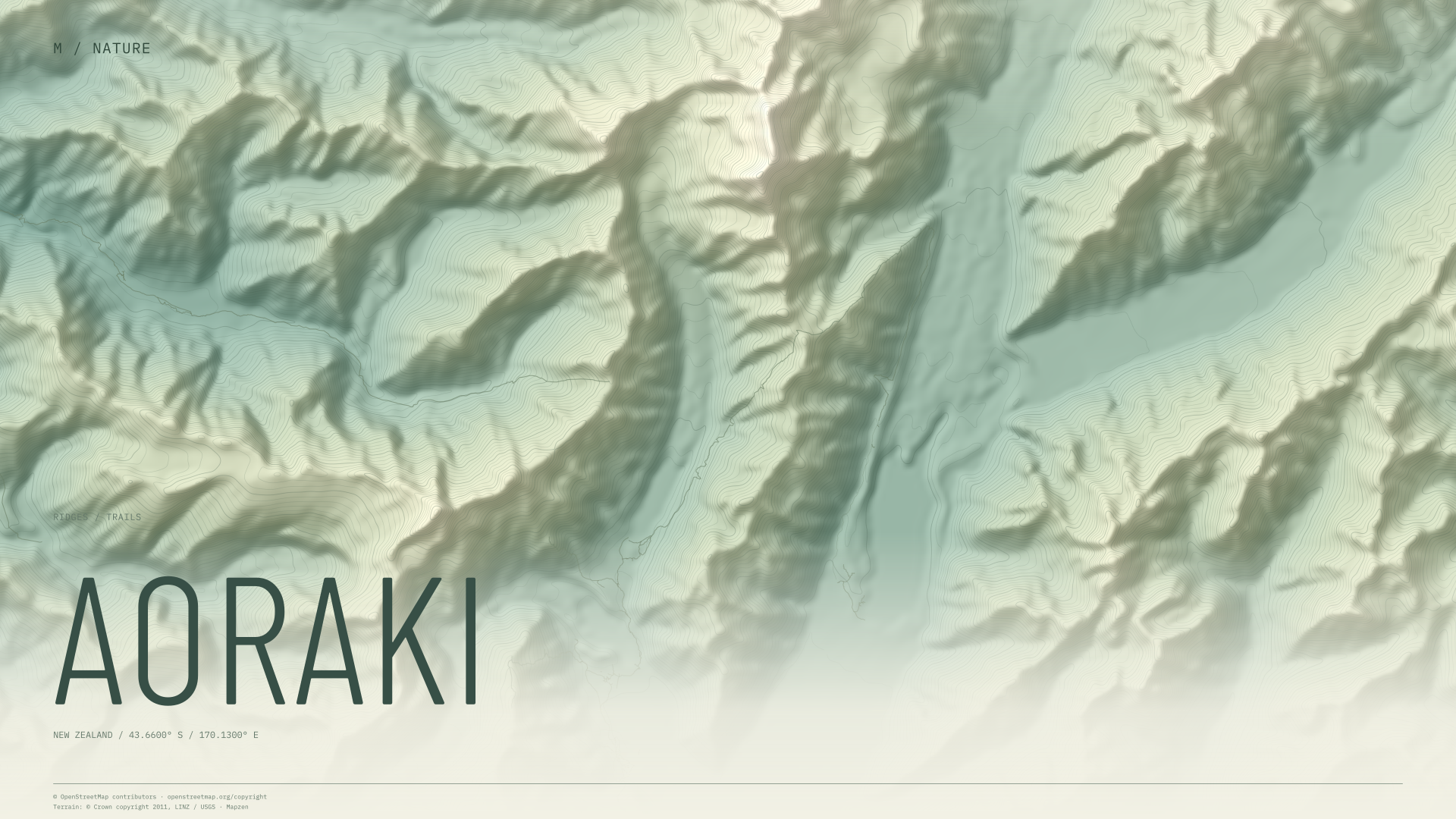 Aoraki nature wallpaper with sage terrain and trails and geographic coordinates