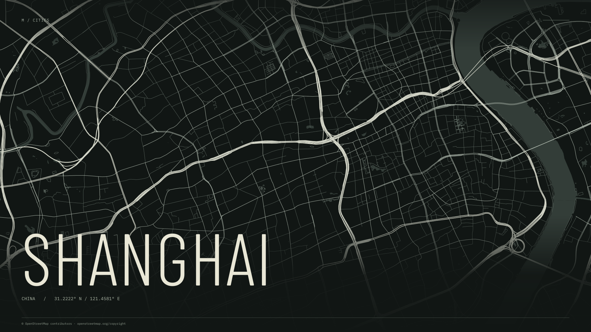 Shanghai street map wallpaper with ivory streets on a dark background and geographic coordinates