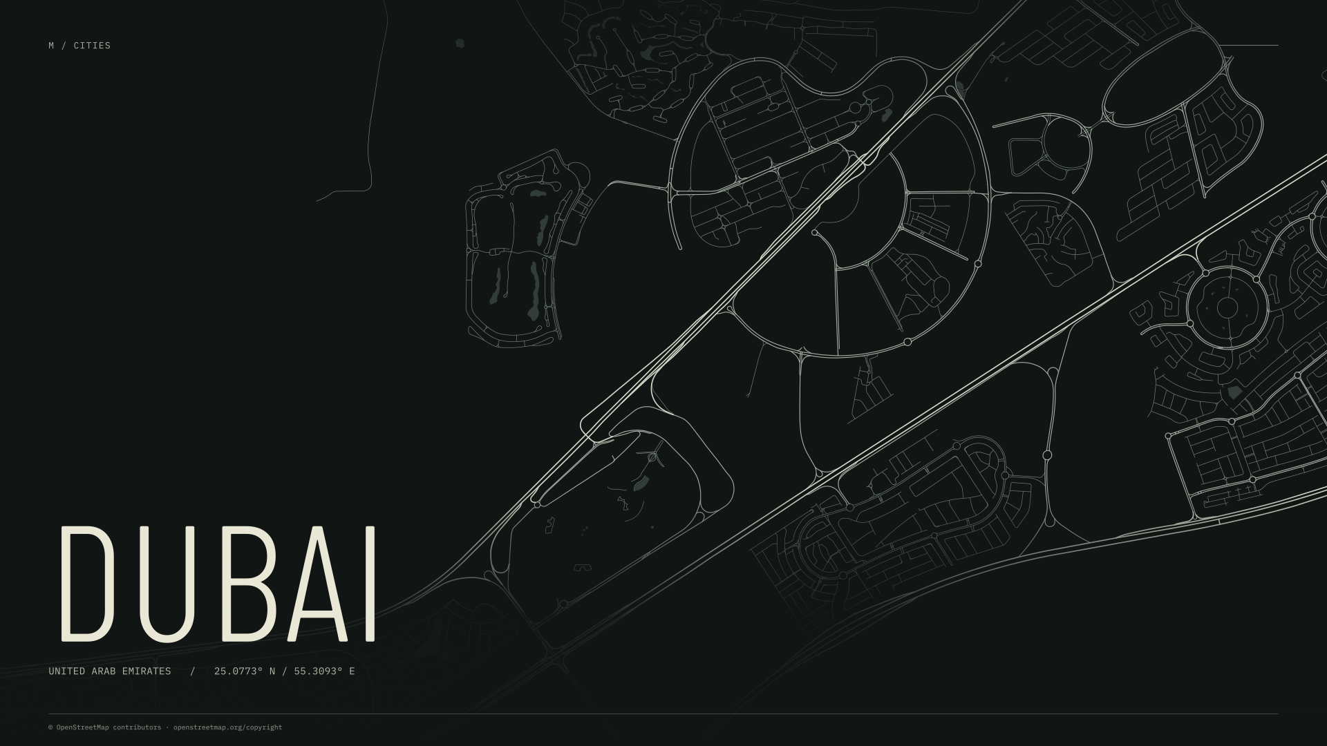 Dubai street map wallpaper with ivory streets on a dark background and geographic coordinates