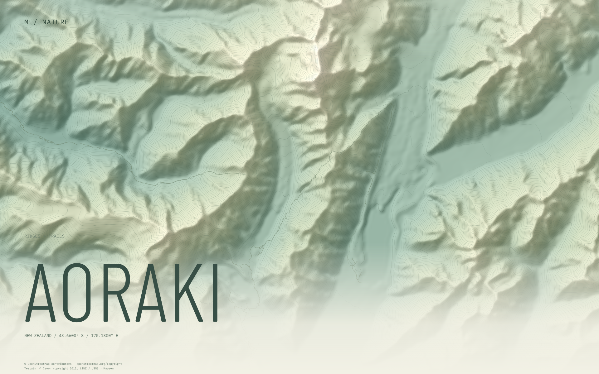 Aoraki nature wallpaper with sage terrain and trails and geographic coordinates