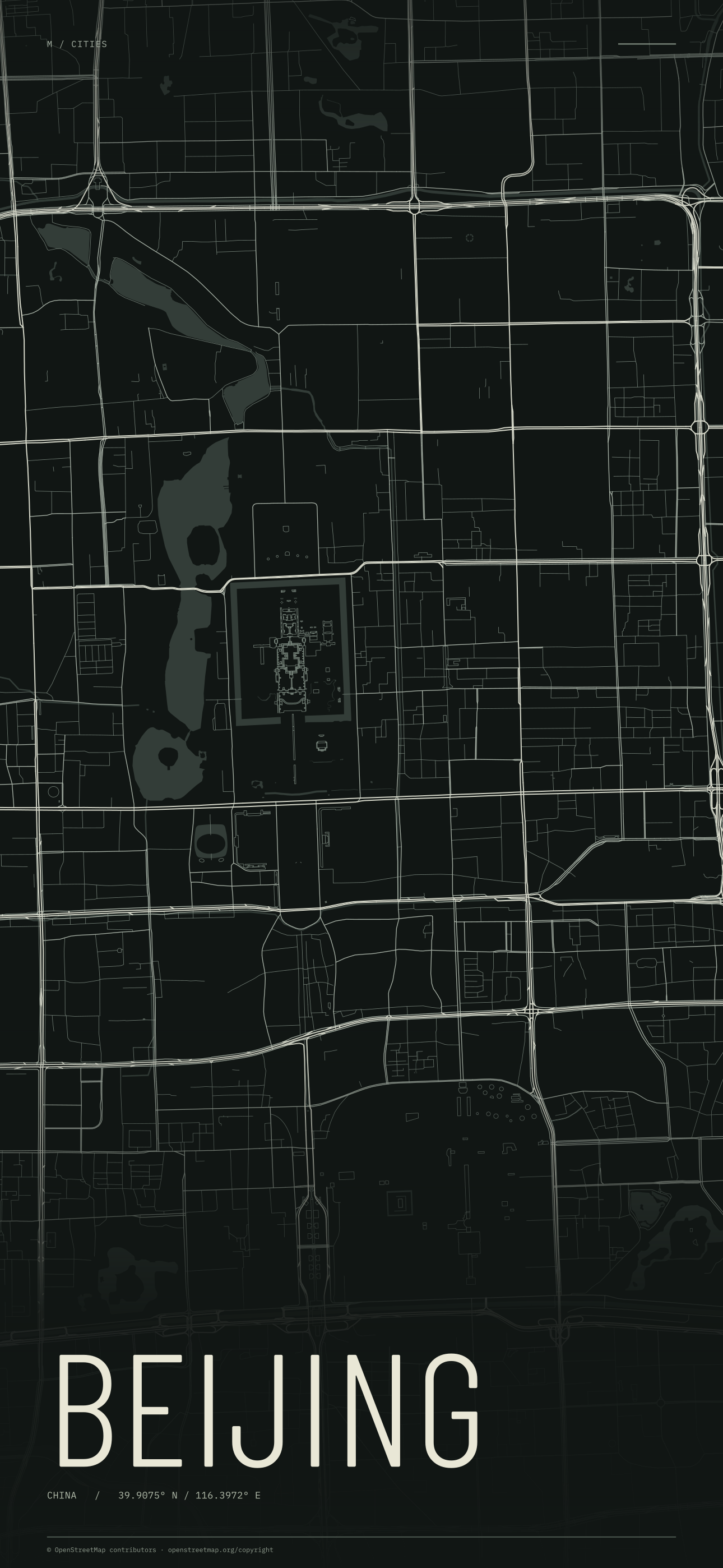 Beijing street map wallpaper with ivory streets on a dark background and geographic coordinates