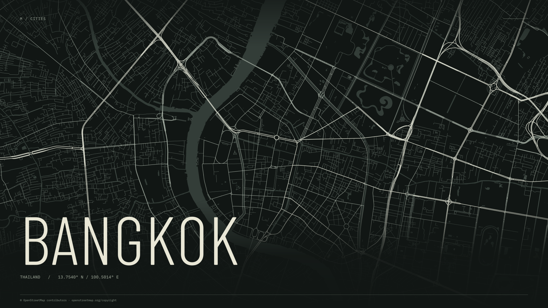 Bangkok street map wallpaper with ivory streets on a dark background and geographic coordinates