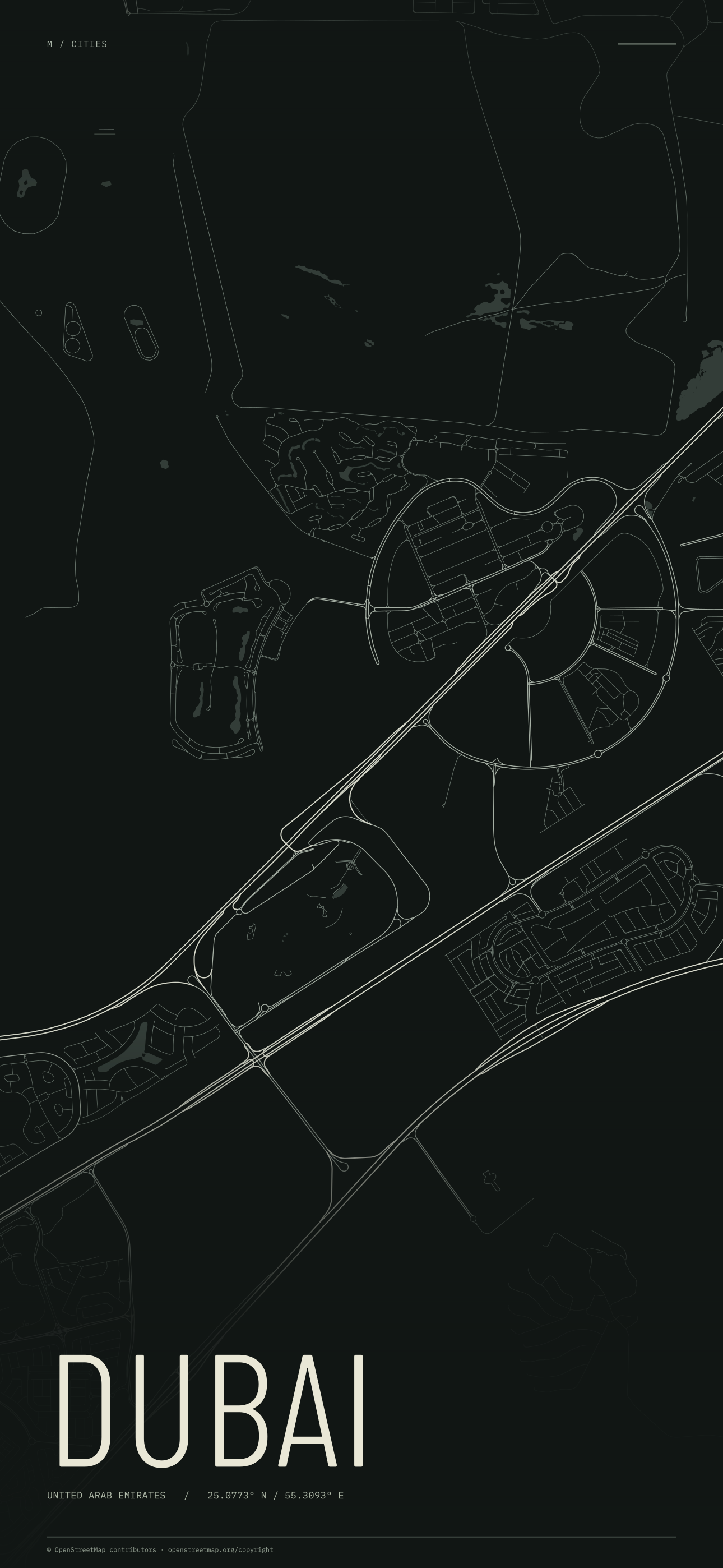 Dubai street map wallpaper with ivory streets on a dark background and geographic coordinates