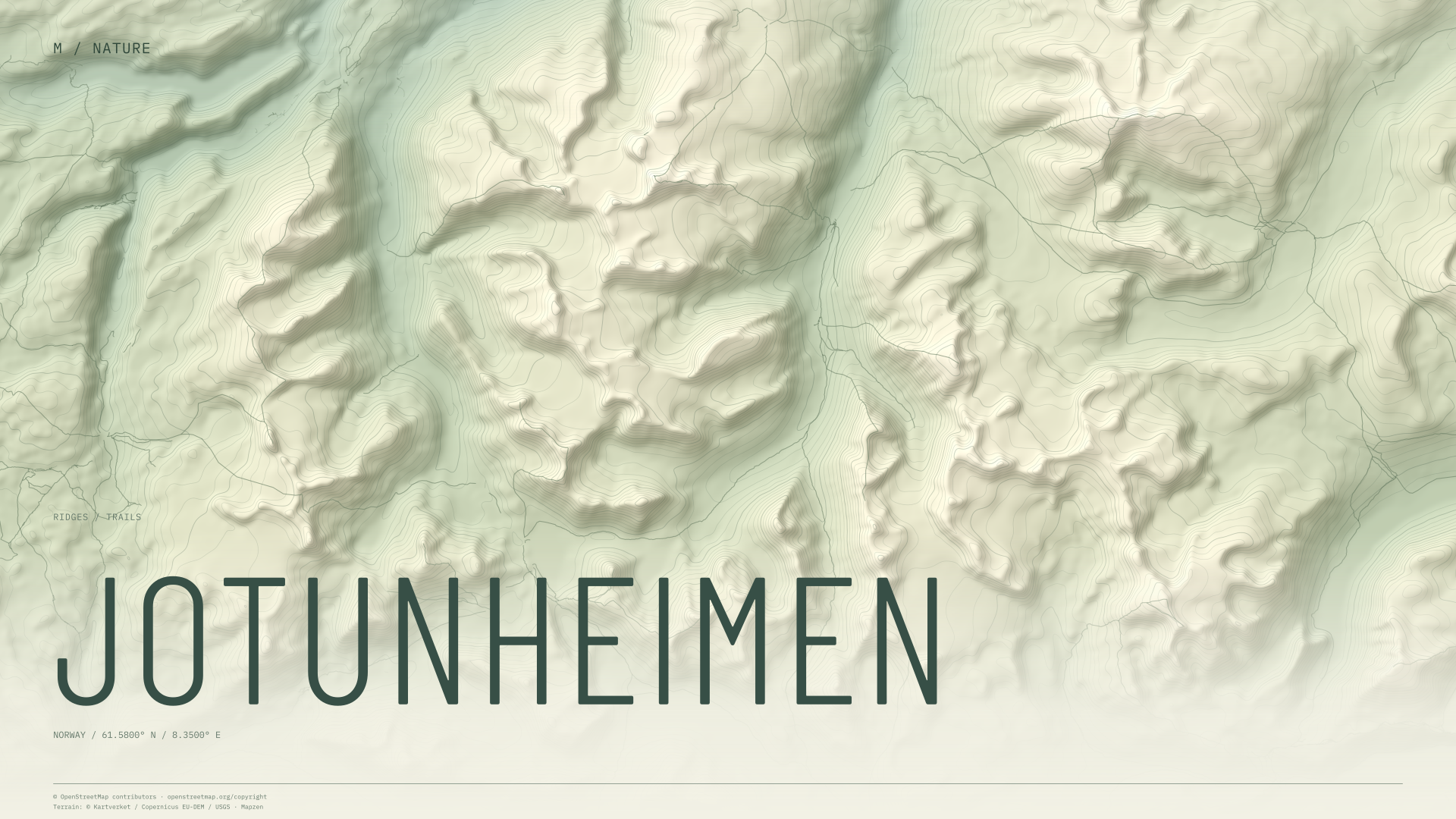 Jotunheimen nature wallpaper with sage terrain and trails and geographic coordinates