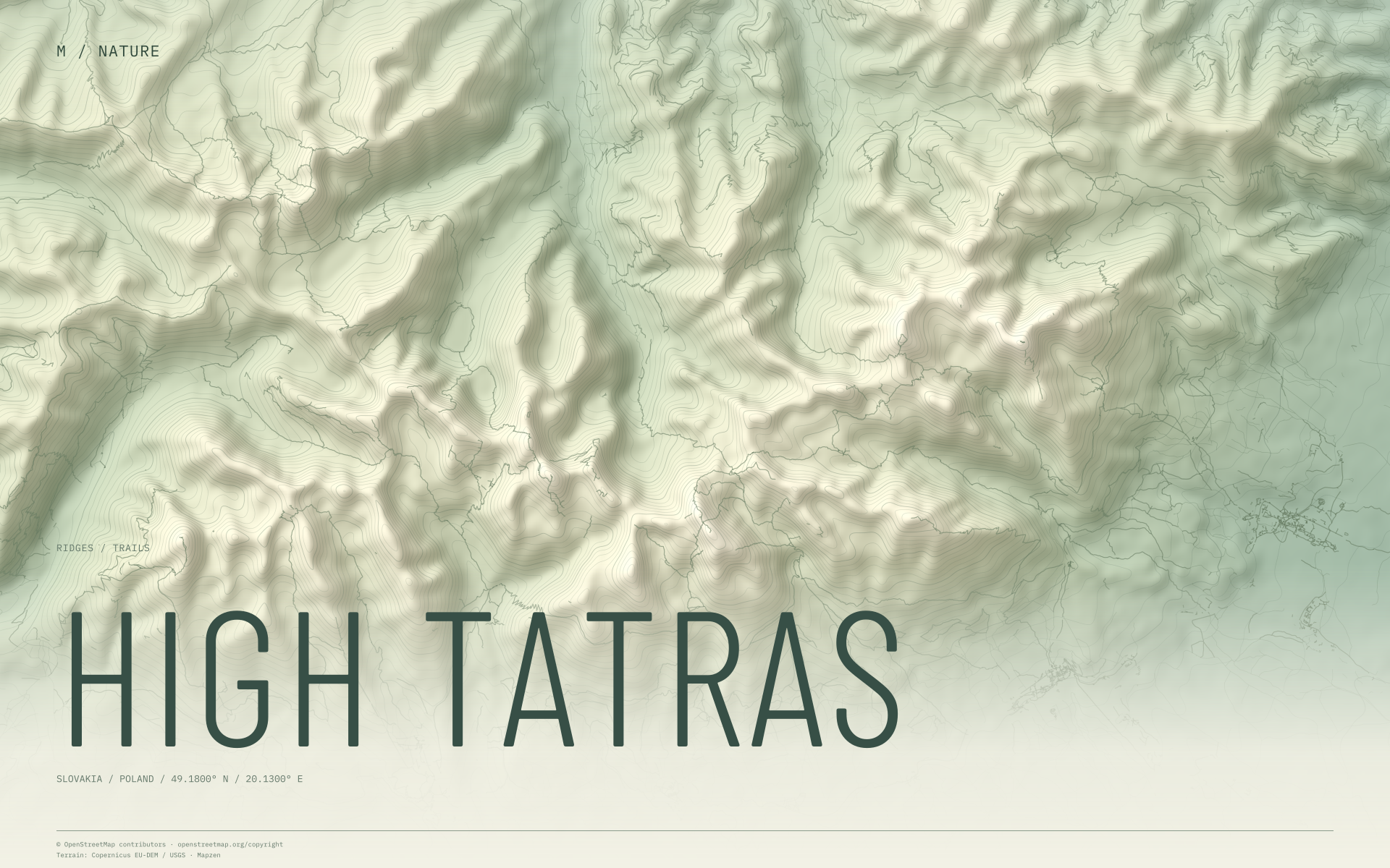 High Tatras nature wallpaper with sage terrain and trails and geographic coordinates