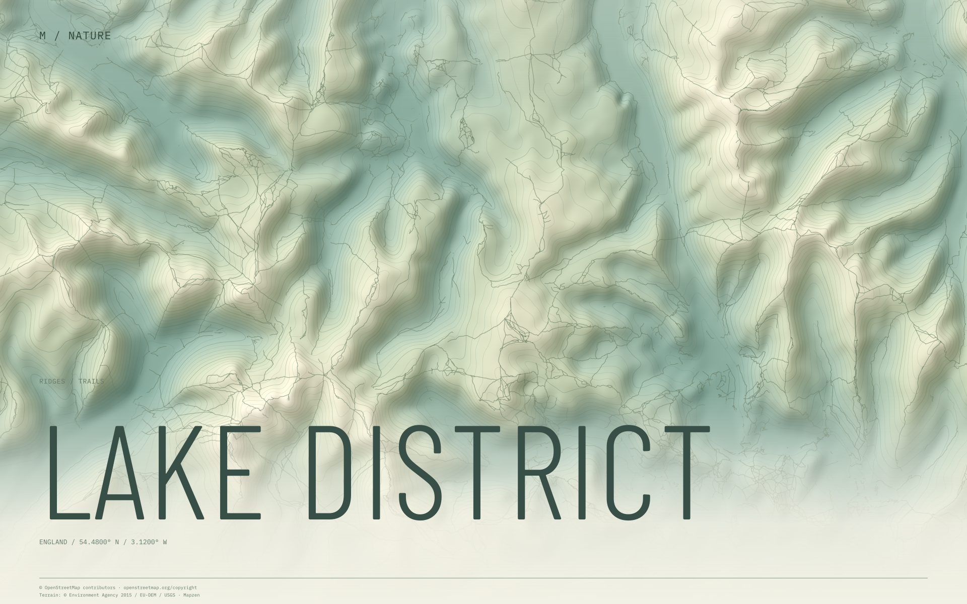 Lake District nature wallpaper with sage terrain and trails and geographic coordinates