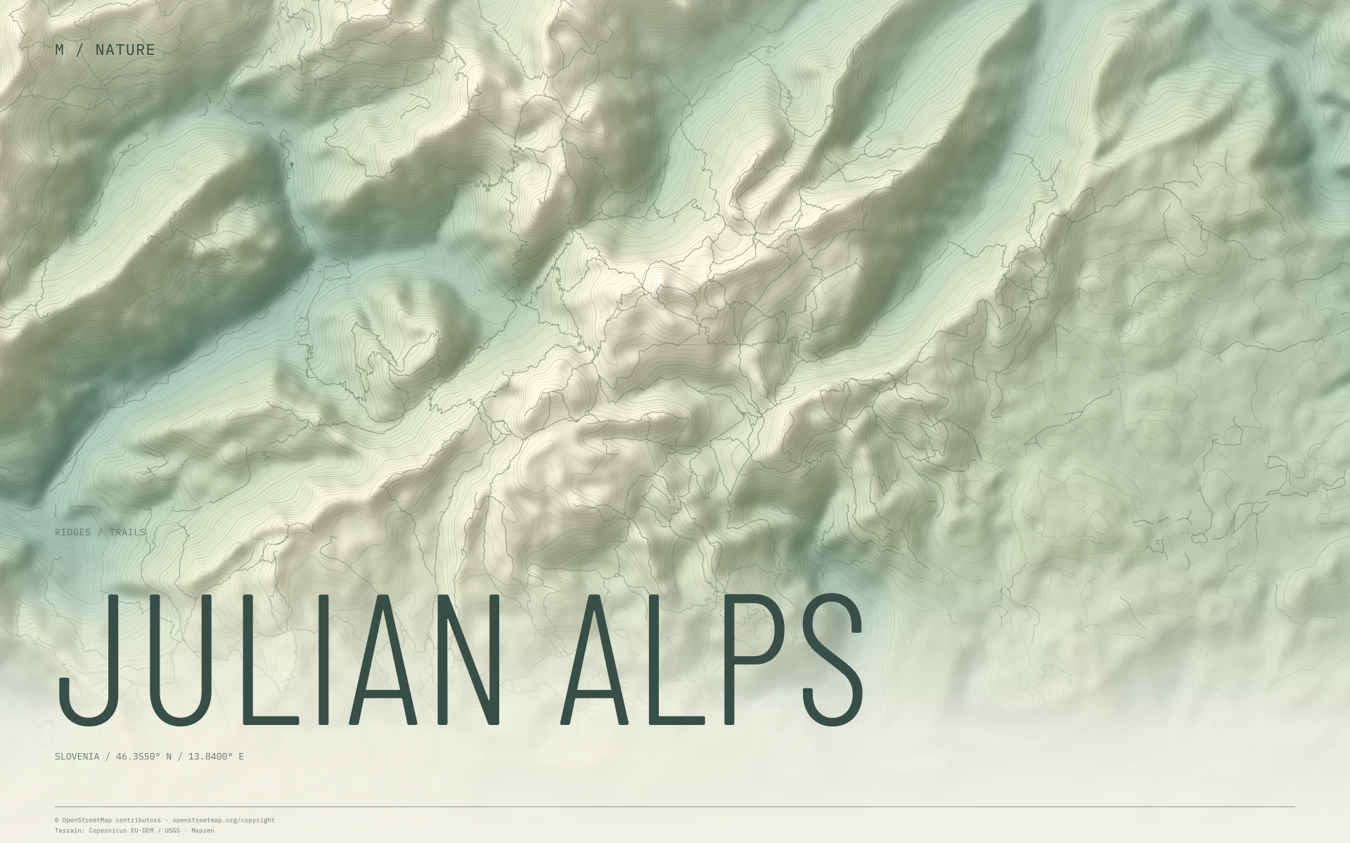 Julian Alps nature wallpaper with sage terrain and trails and geographic coordinates