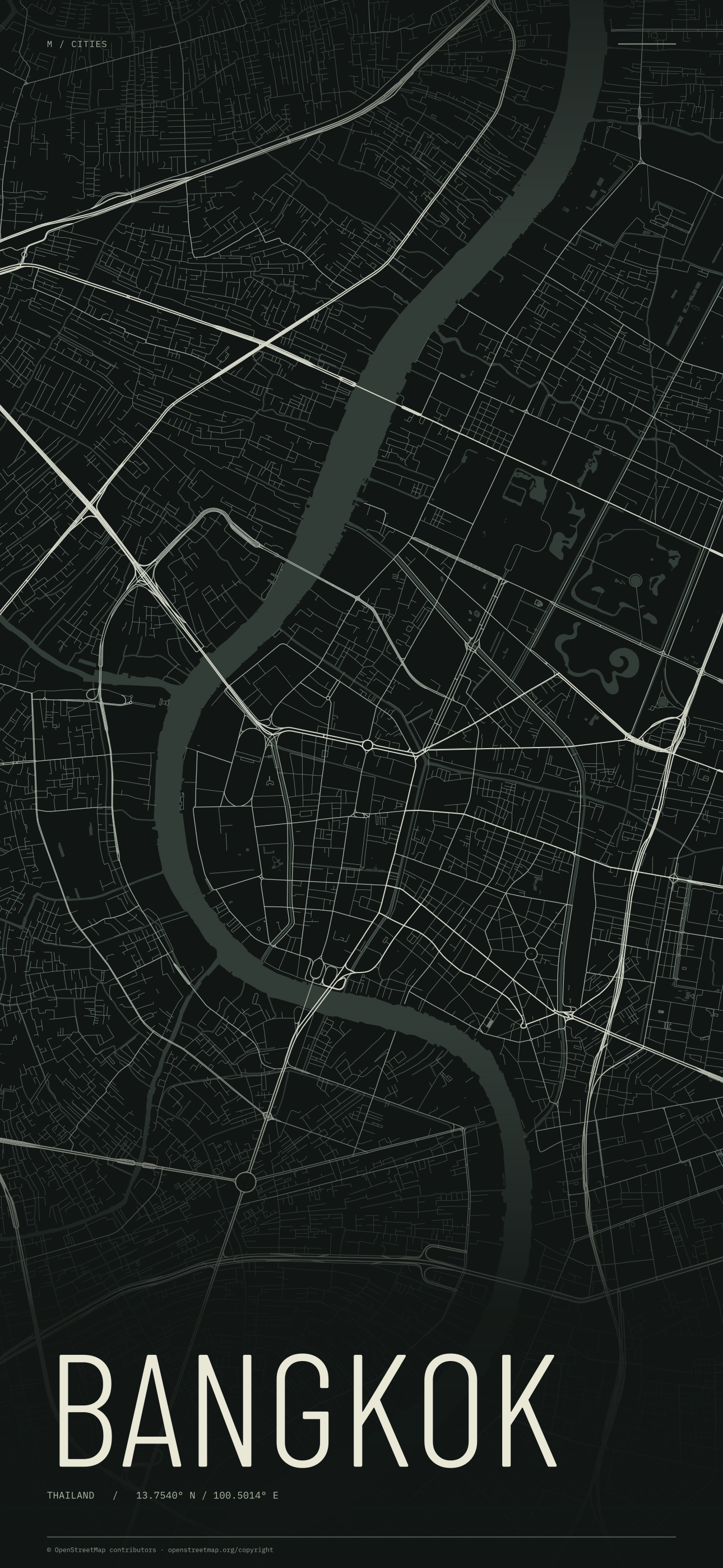 Bangkok street map wallpaper with ivory streets on a dark background and geographic coordinates