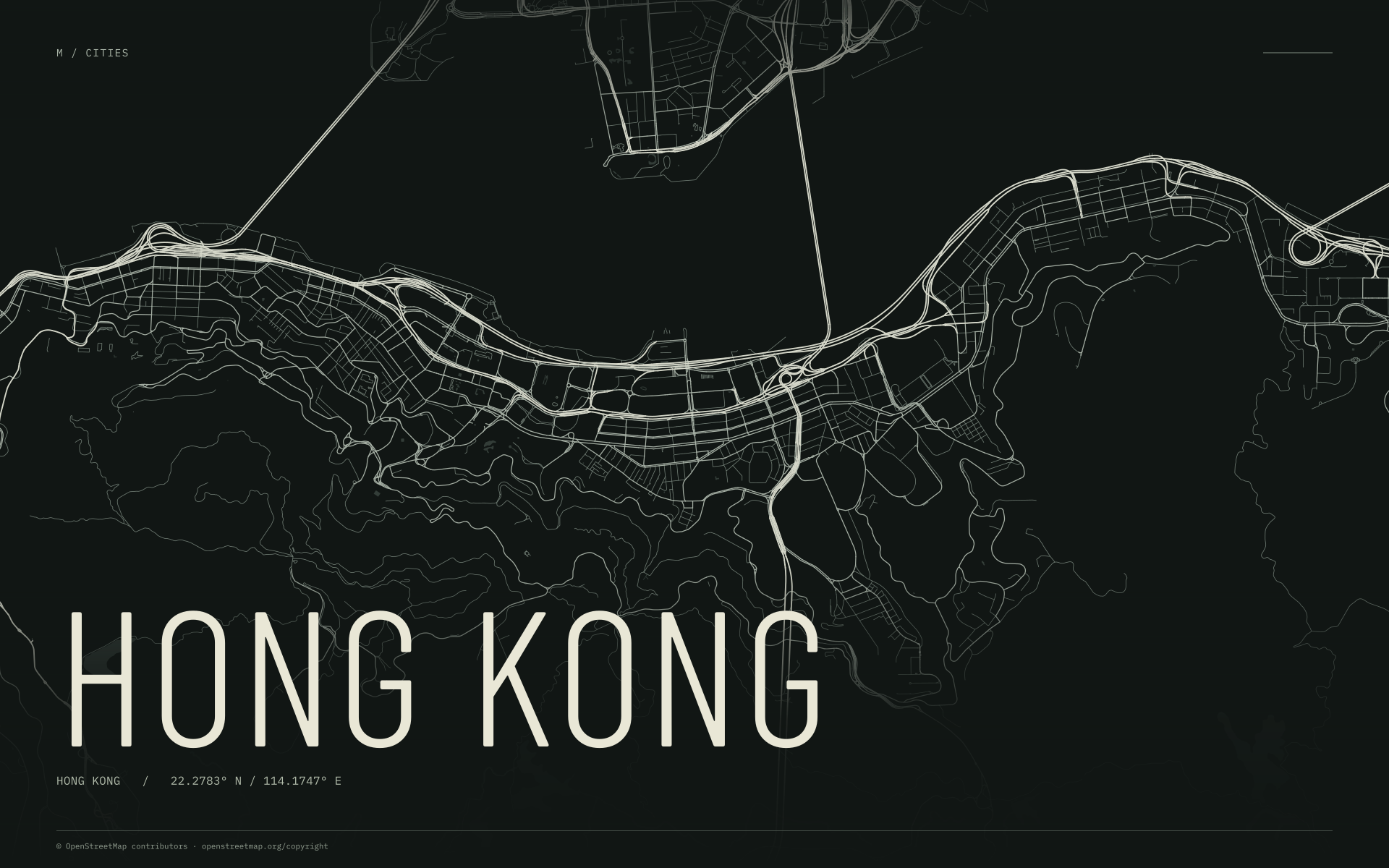 Hong Kong street map wallpaper with ivory streets on a dark background and geographic coordinates