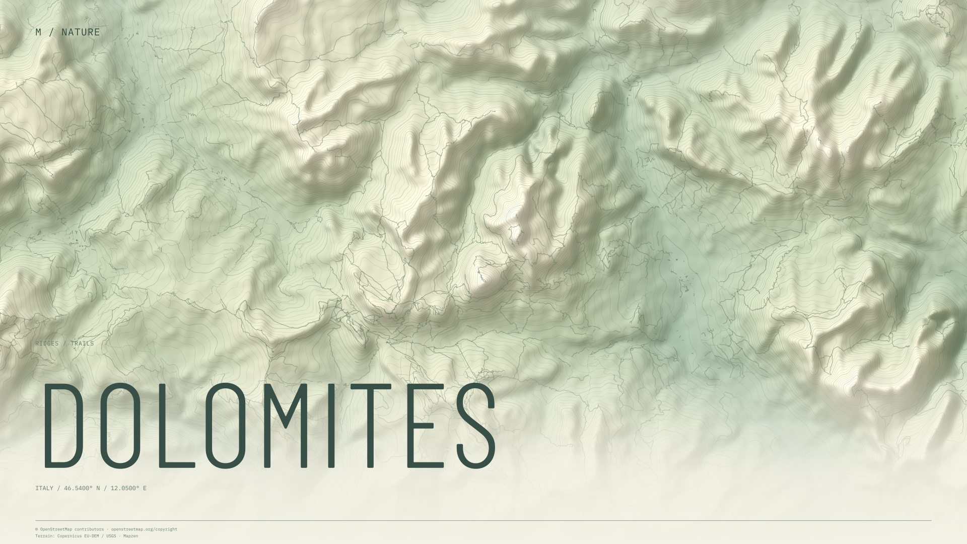 Dolomites nature wallpaper with sage terrain and trails and geographic coordinates