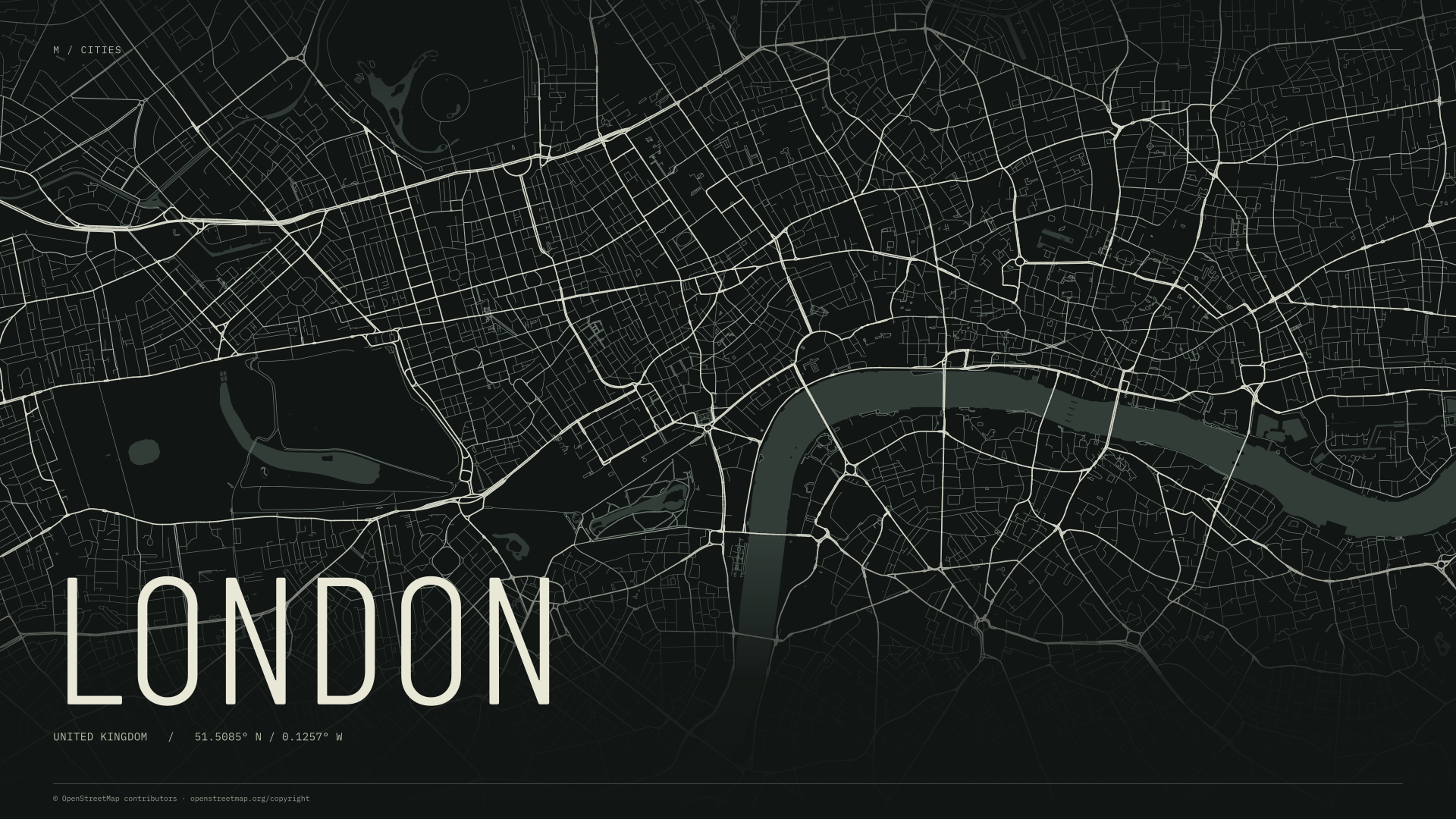 London street map wallpaper with ivory streets on a dark background and geographic coordinates