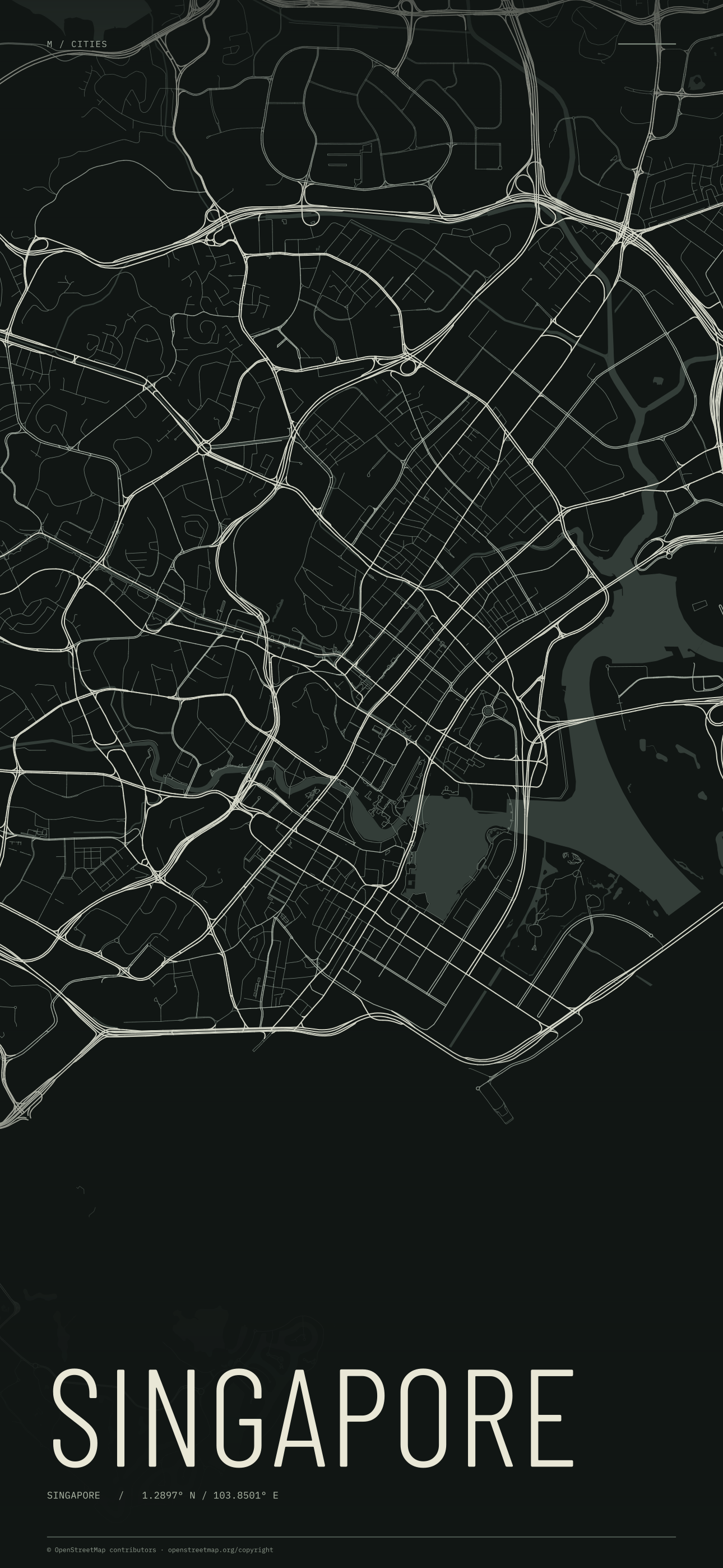 Singapore street map wallpaper with ivory streets on a dark background and geographic coordinates