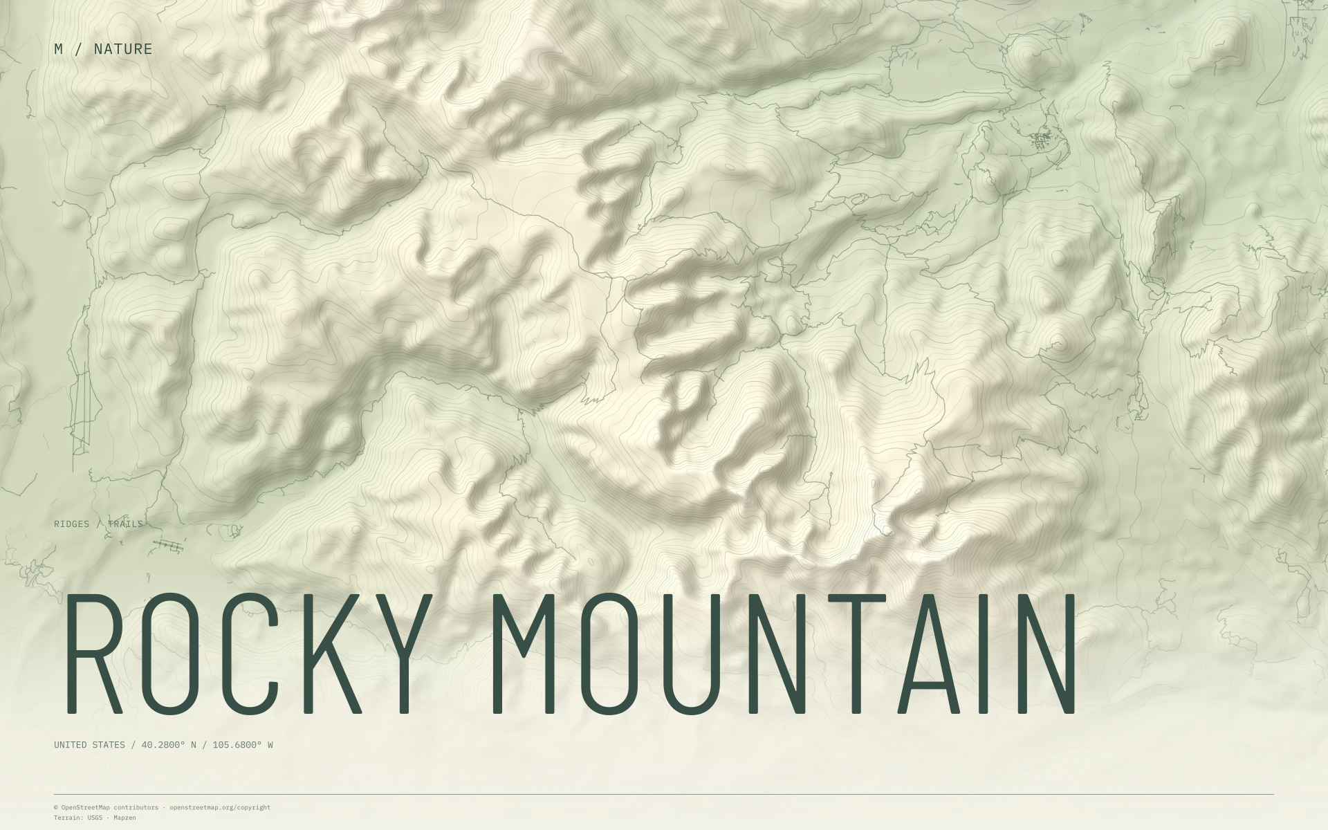 Rocky Mountain nature wallpaper with sage terrain and trails and geographic coordinates