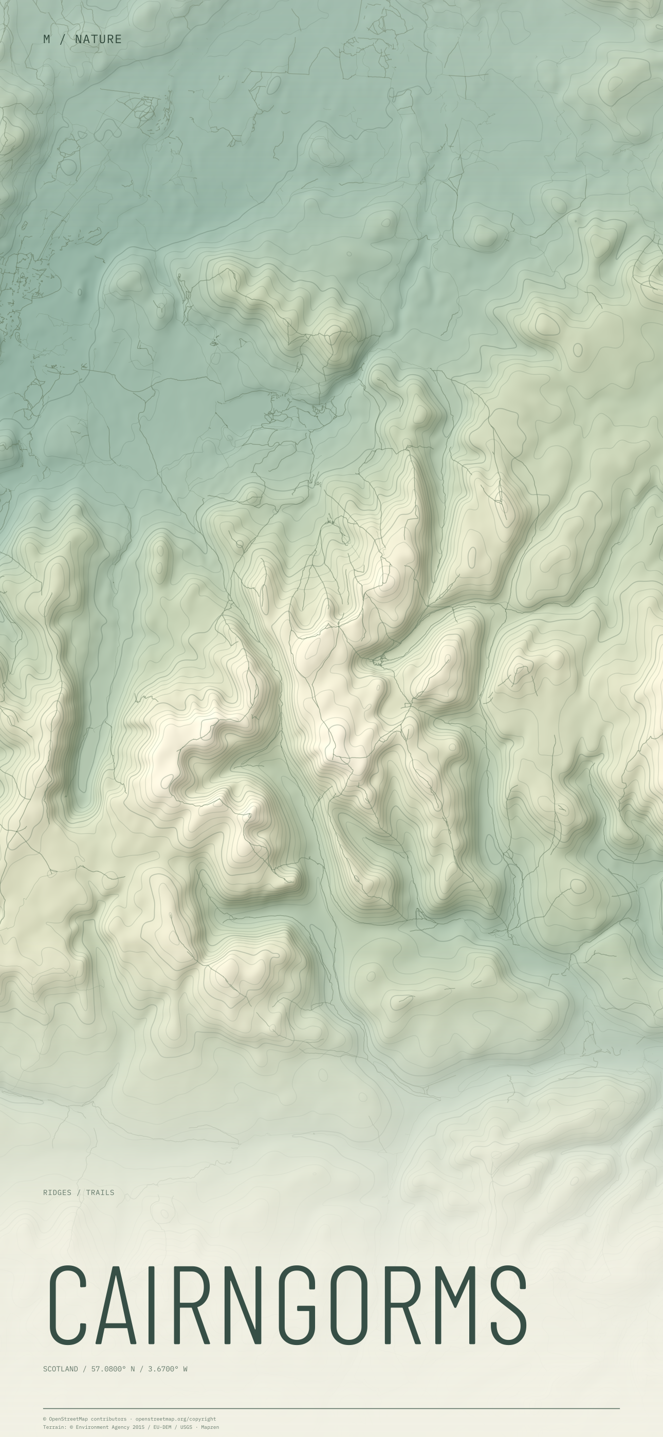 Cairngorms nature wallpaper with sage terrain and trails and geographic coordinates