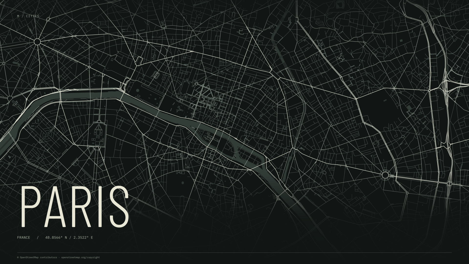 Paris street map wallpaper with ivory streets on a dark background and geographic coordinates
