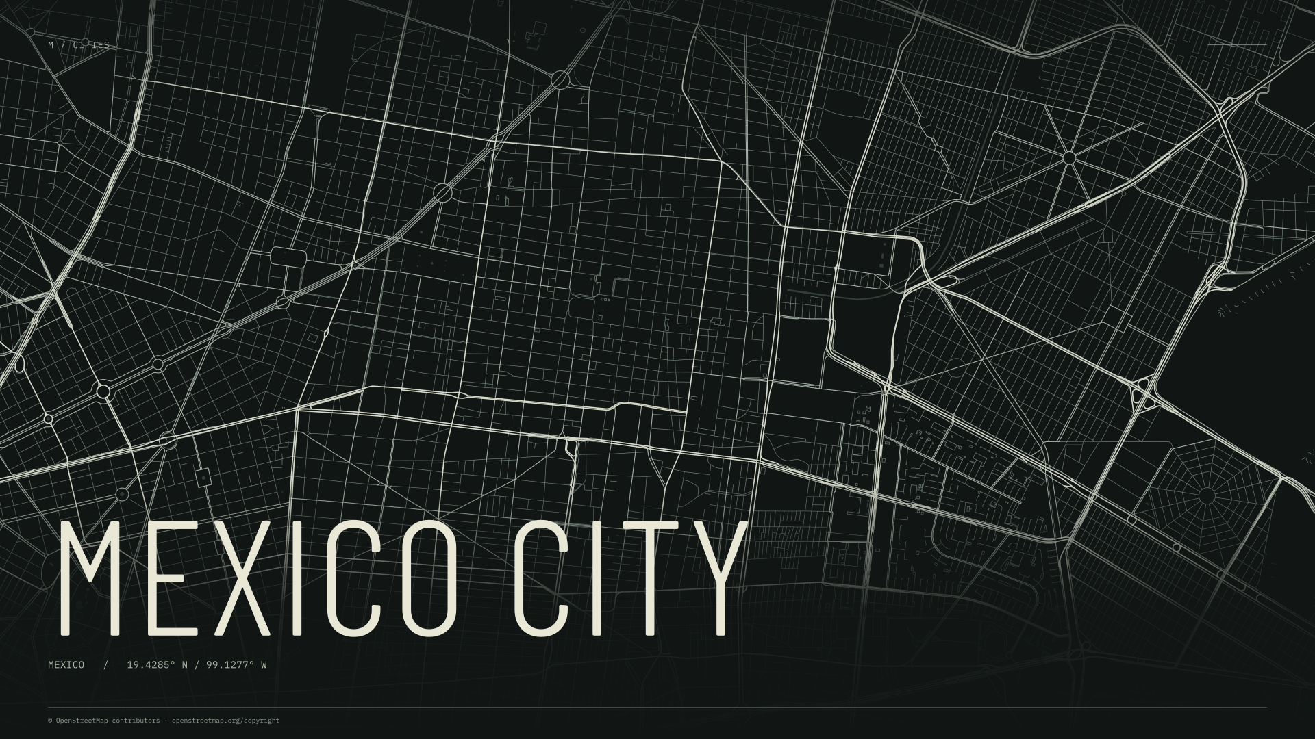 Mexico City street map wallpaper with ivory streets on a dark background and geographic coordinates