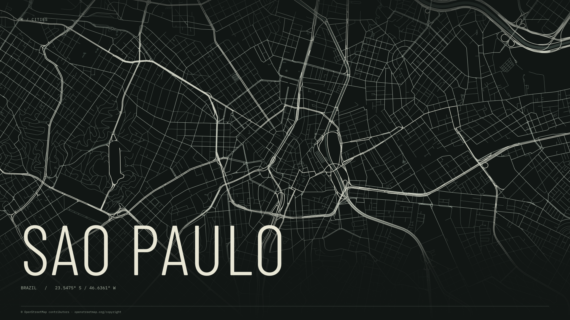 Sao Paulo street map wallpaper with ivory streets on a dark background and geographic coordinates