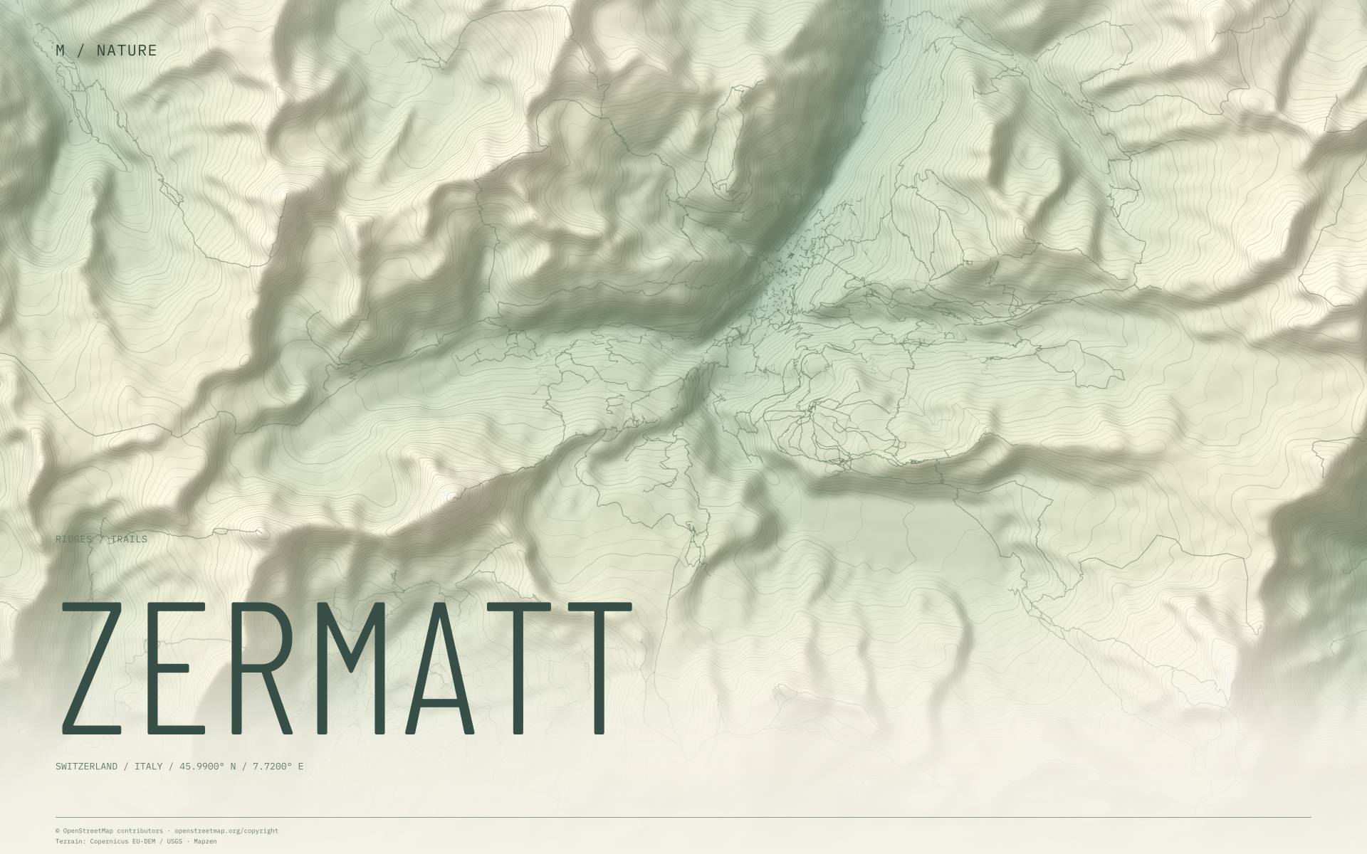 Zermatt nature wallpaper with sage terrain and trails and geographic coordinates