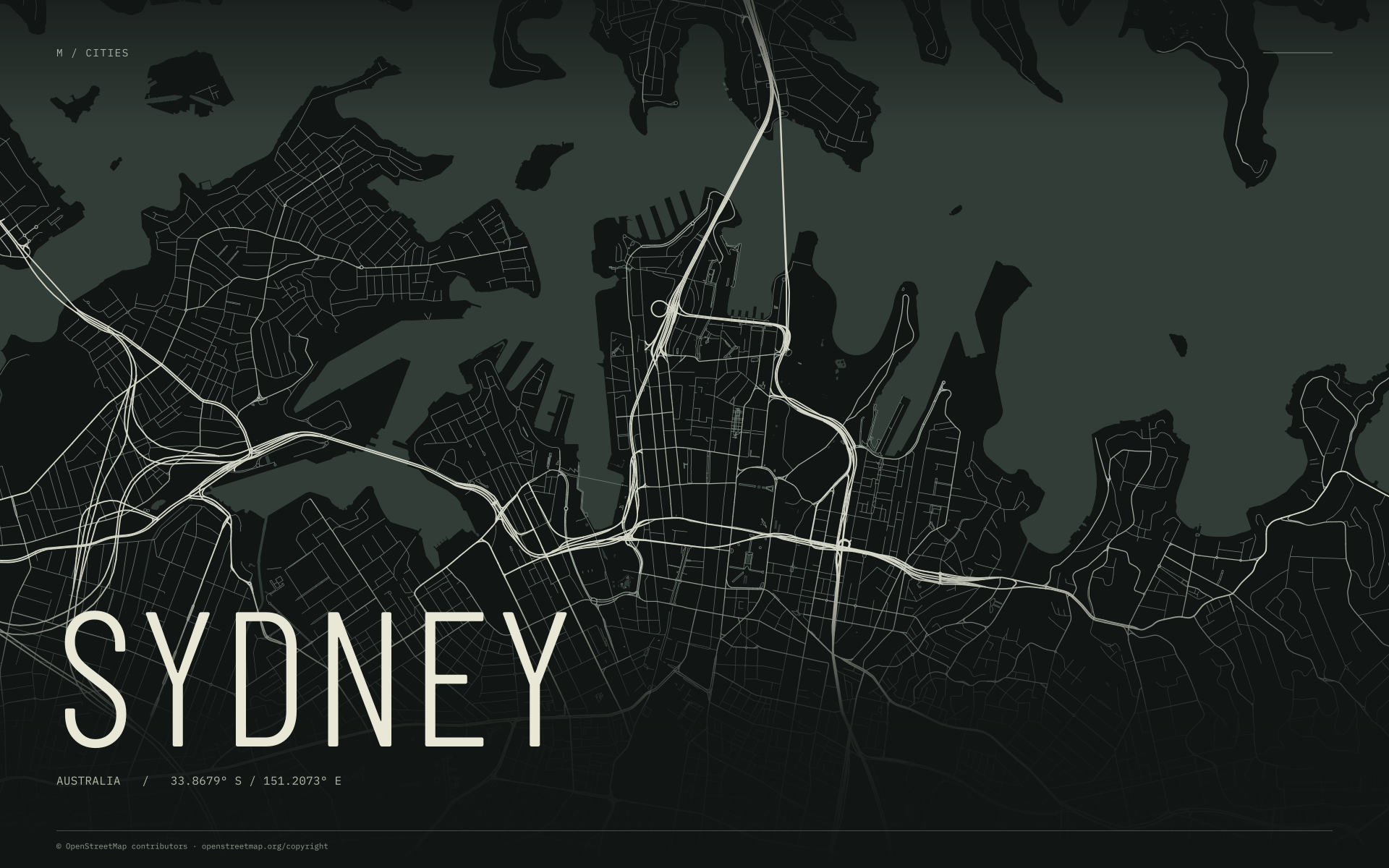 Sydney street map wallpaper with ivory streets on a dark background and geographic coordinates