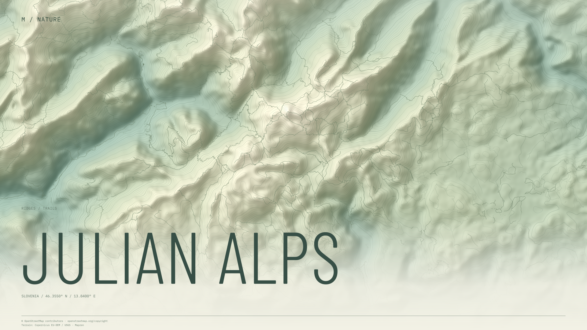 Julian Alps nature wallpaper with sage terrain and trails and geographic coordinates