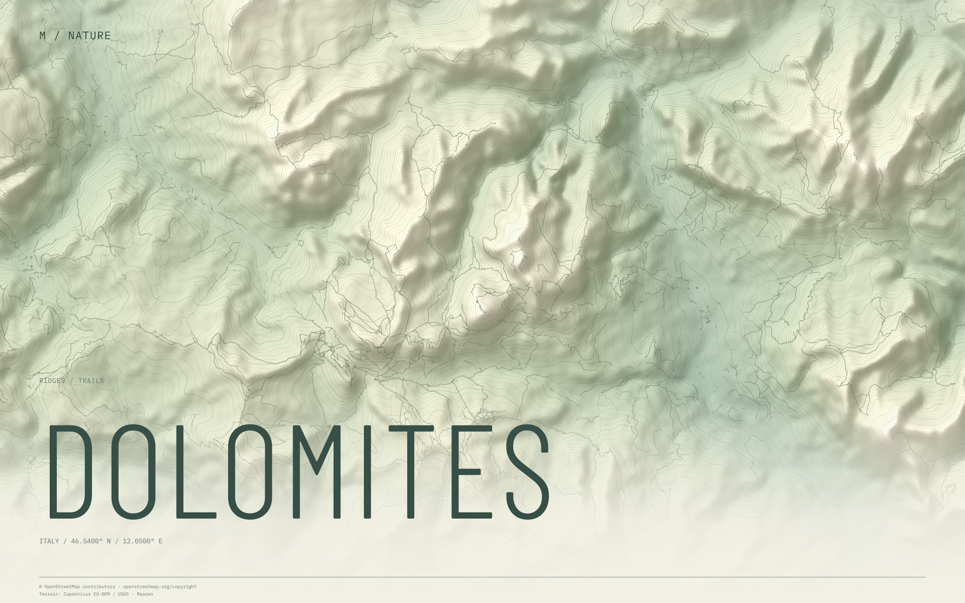 Dolomites nature wallpaper with sage terrain and trails and geographic coordinates