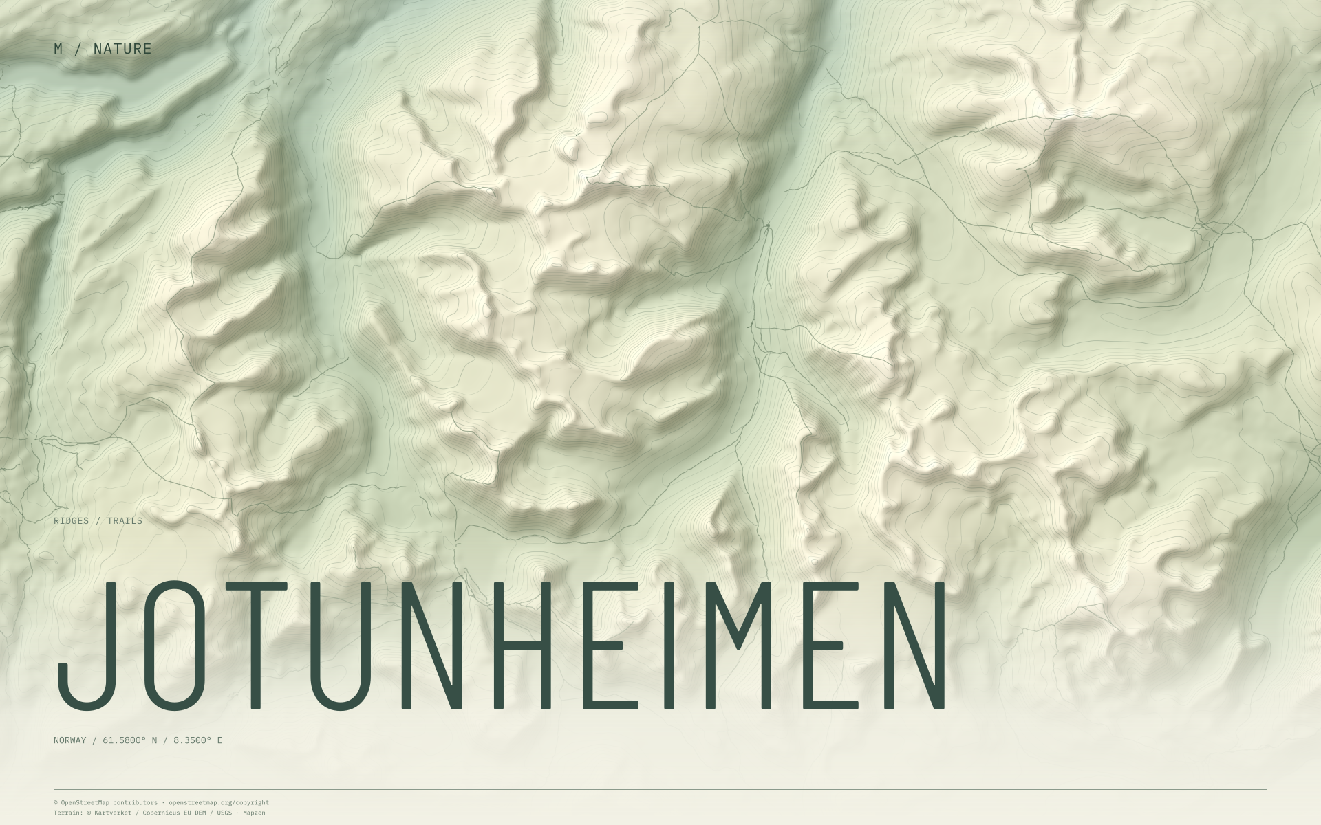 Jotunheimen nature wallpaper with sage terrain and trails and geographic coordinates