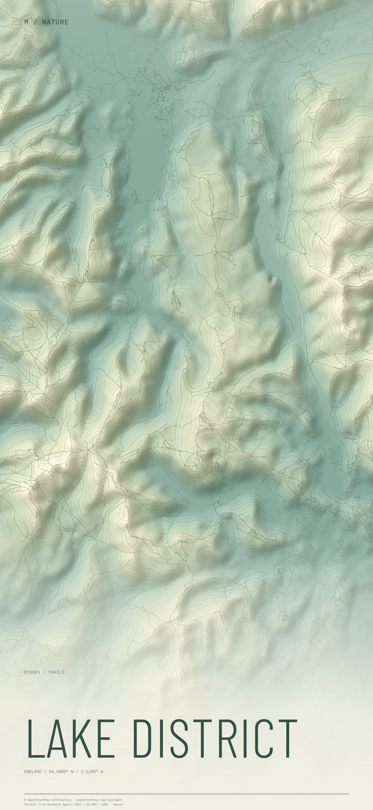 Lake District nature wallpaper with sage terrain and trails and geographic coordinates