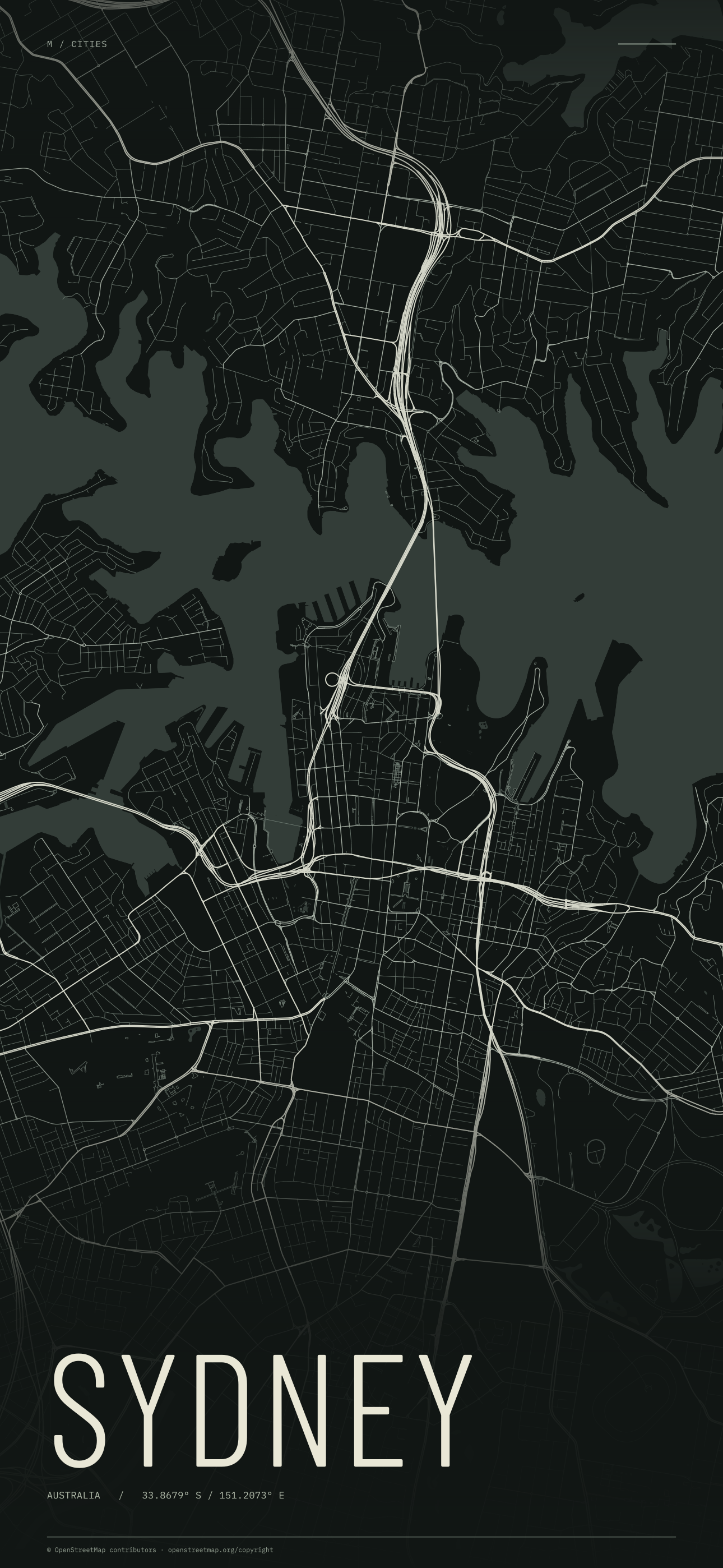 Sydney street map wallpaper with ivory streets on a dark background and geographic coordinates