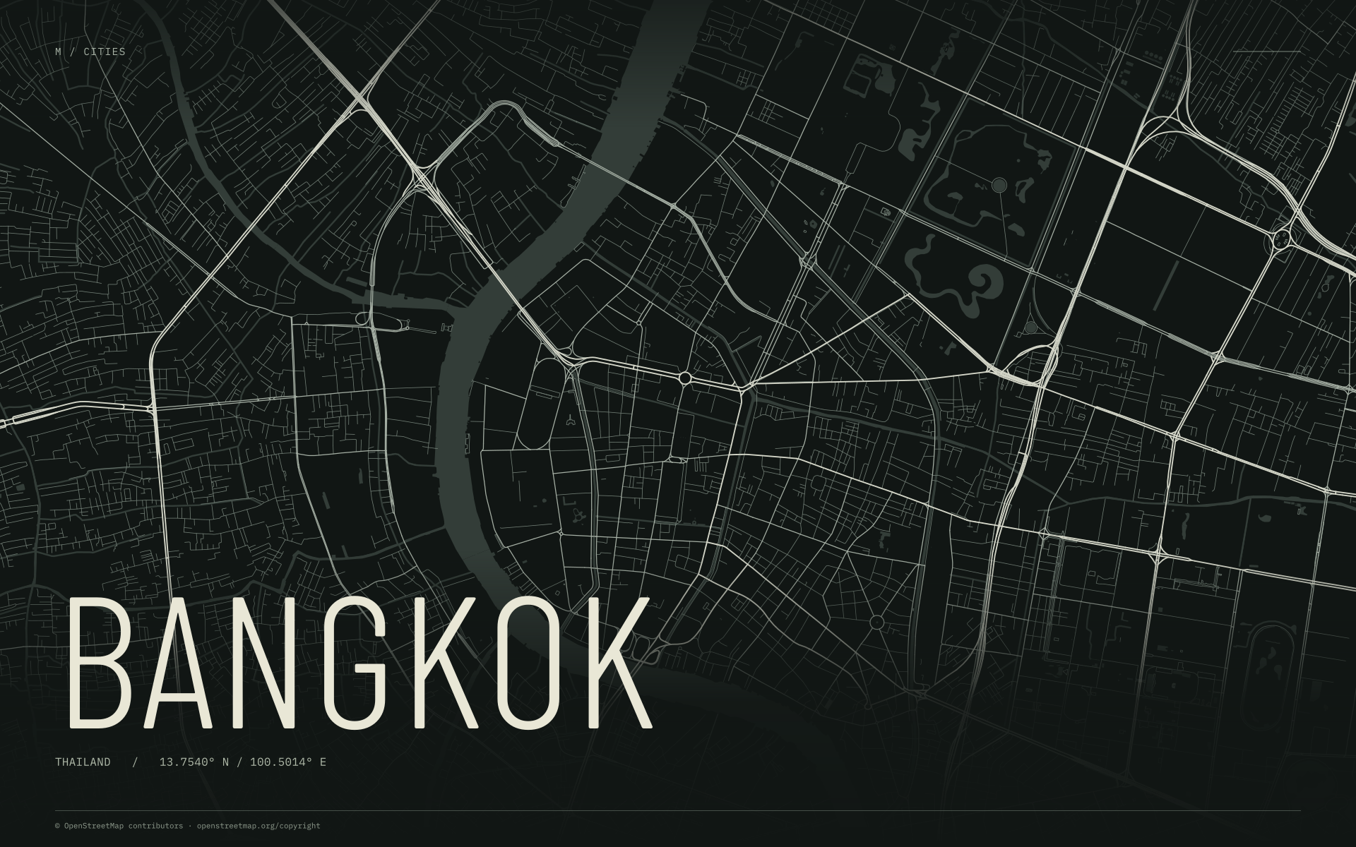 Bangkok street map wallpaper with ivory streets on a dark background and geographic coordinates