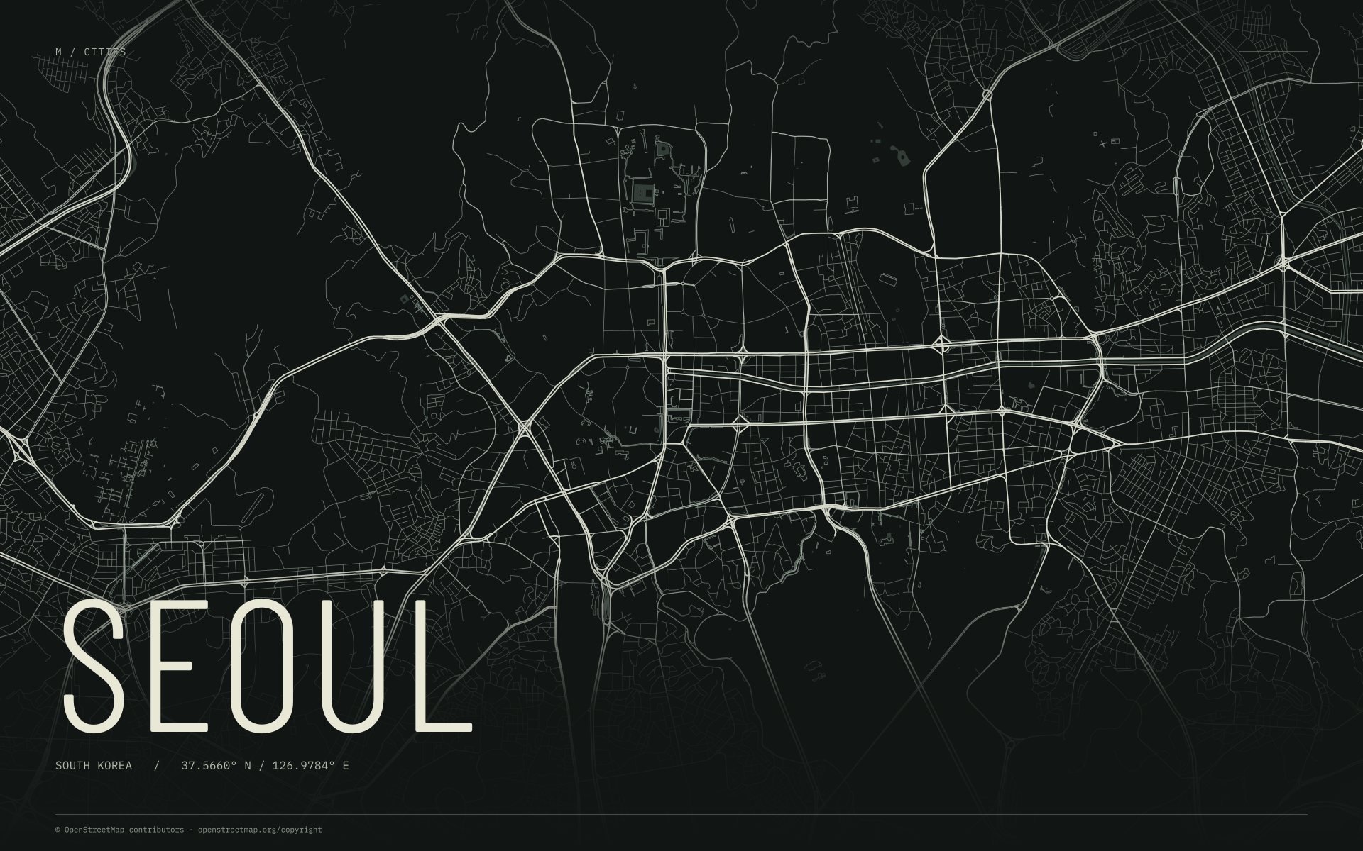 Seoul street map wallpaper with ivory streets on a dark background and geographic coordinates