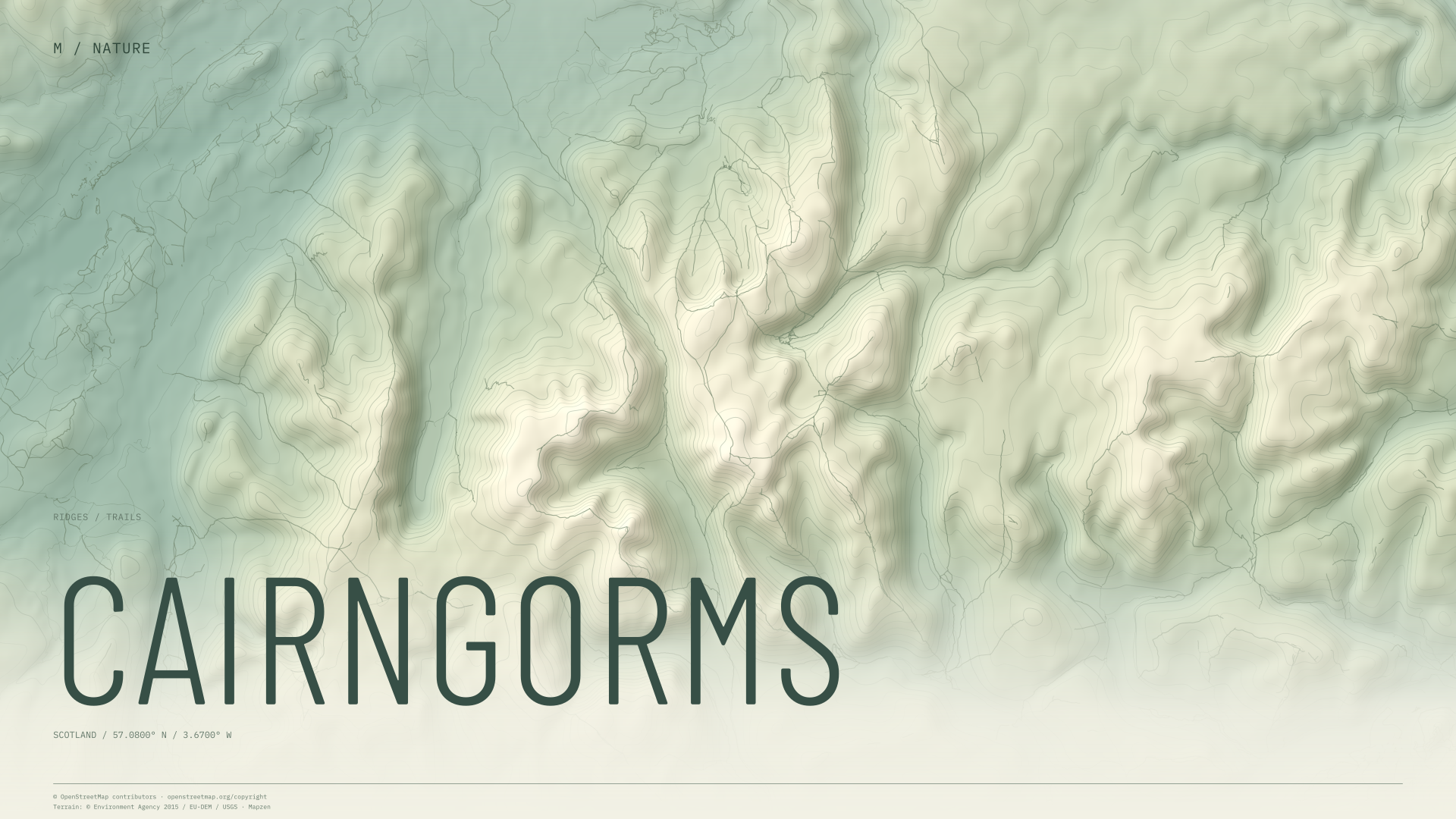 Cairngorms nature wallpaper with sage terrain and trails and geographic coordinates