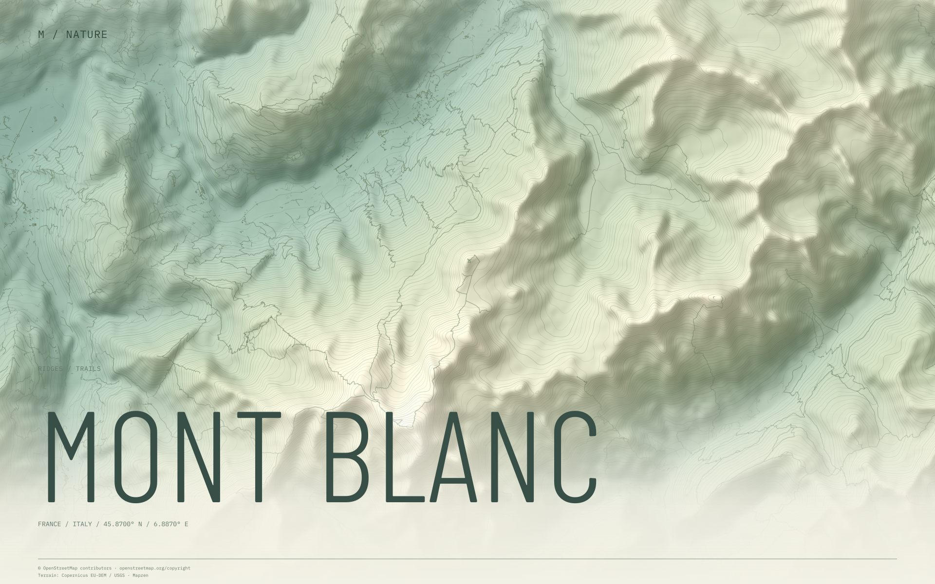 Mont Blanc nature wallpaper with sage terrain and trails and geographic coordinates
