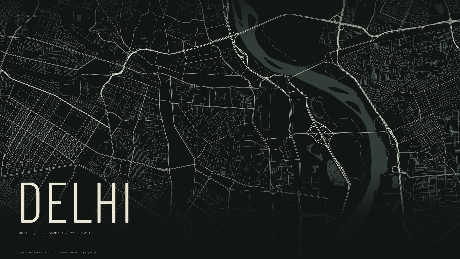Delhi street map wallpaper with ivory streets on a dark background and geographic coordinates