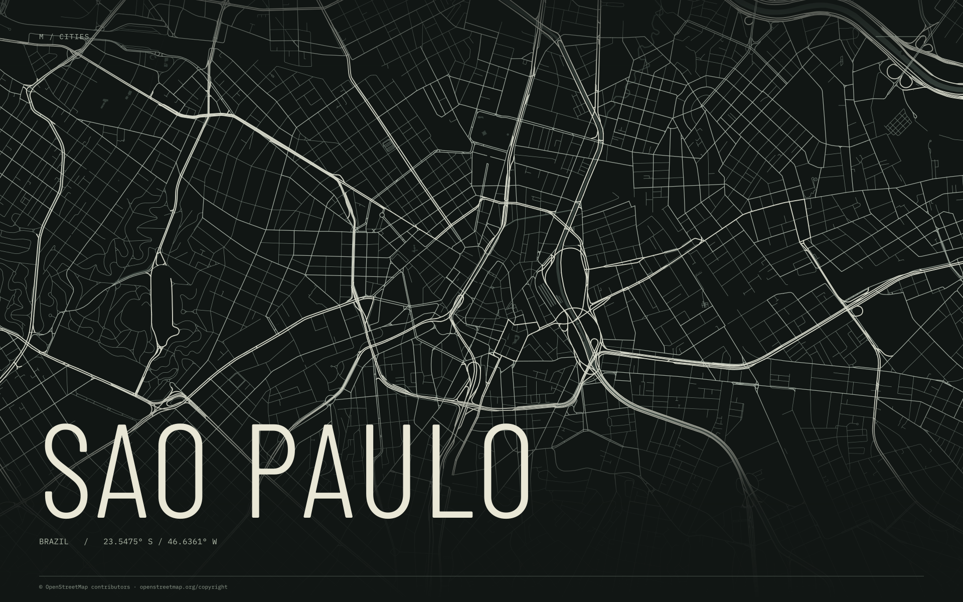 Sao Paulo street map wallpaper with ivory streets on a dark background and geographic coordinates