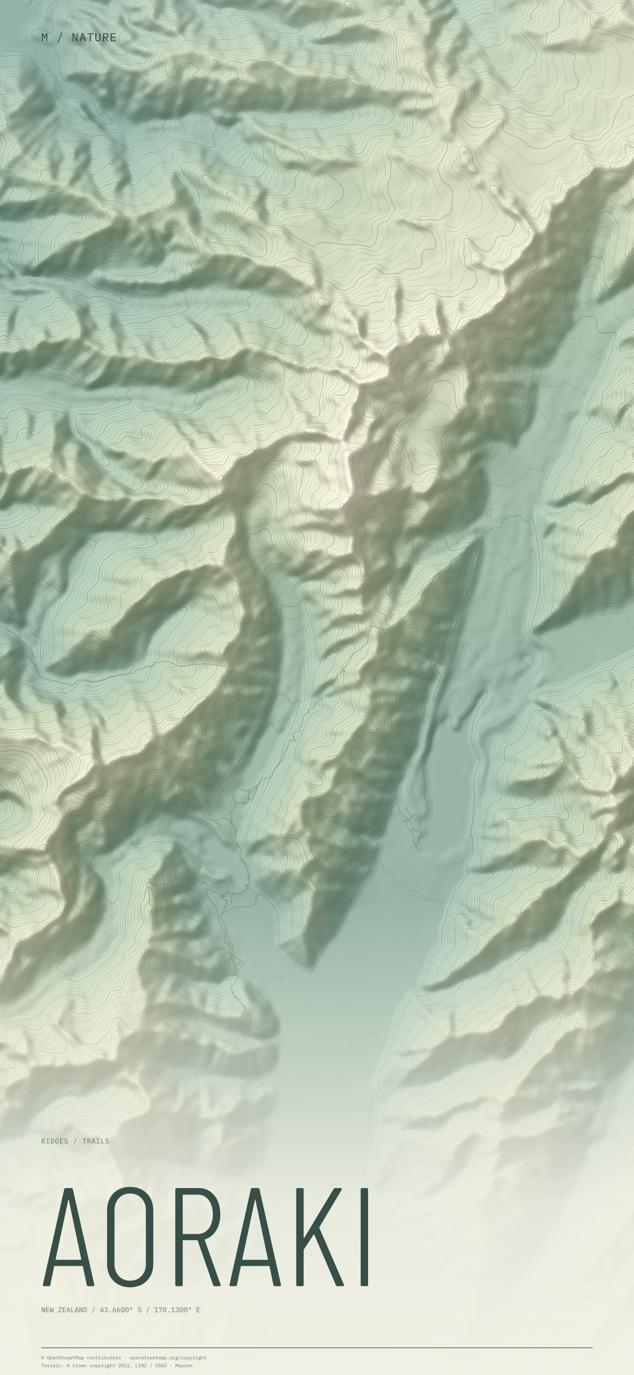 Aoraki nature wallpaper with sage terrain and trails and geographic coordinates