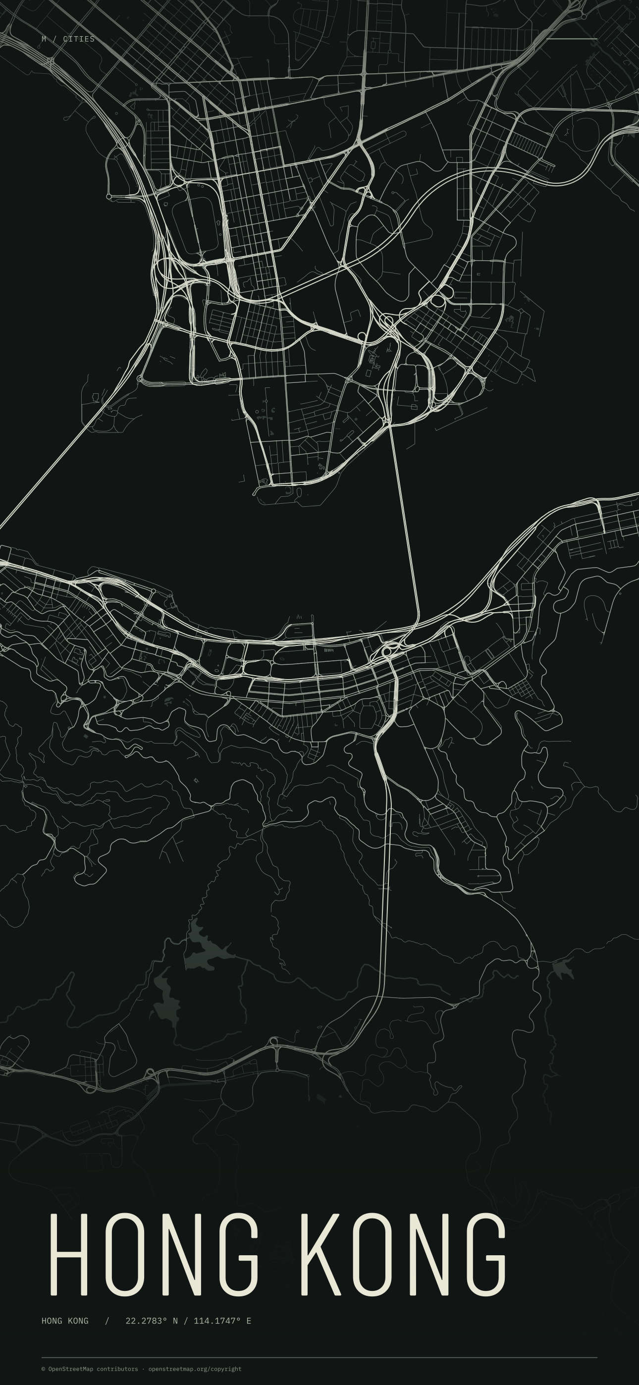 Hong Kong street map wallpaper with ivory streets on a dark background and geographic coordinates