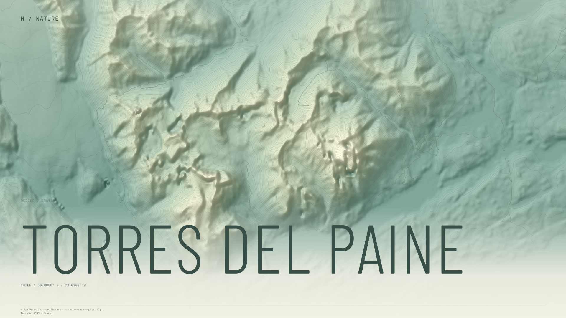 Torres del Paine nature wallpaper with sage terrain and trails and geographic coordinates