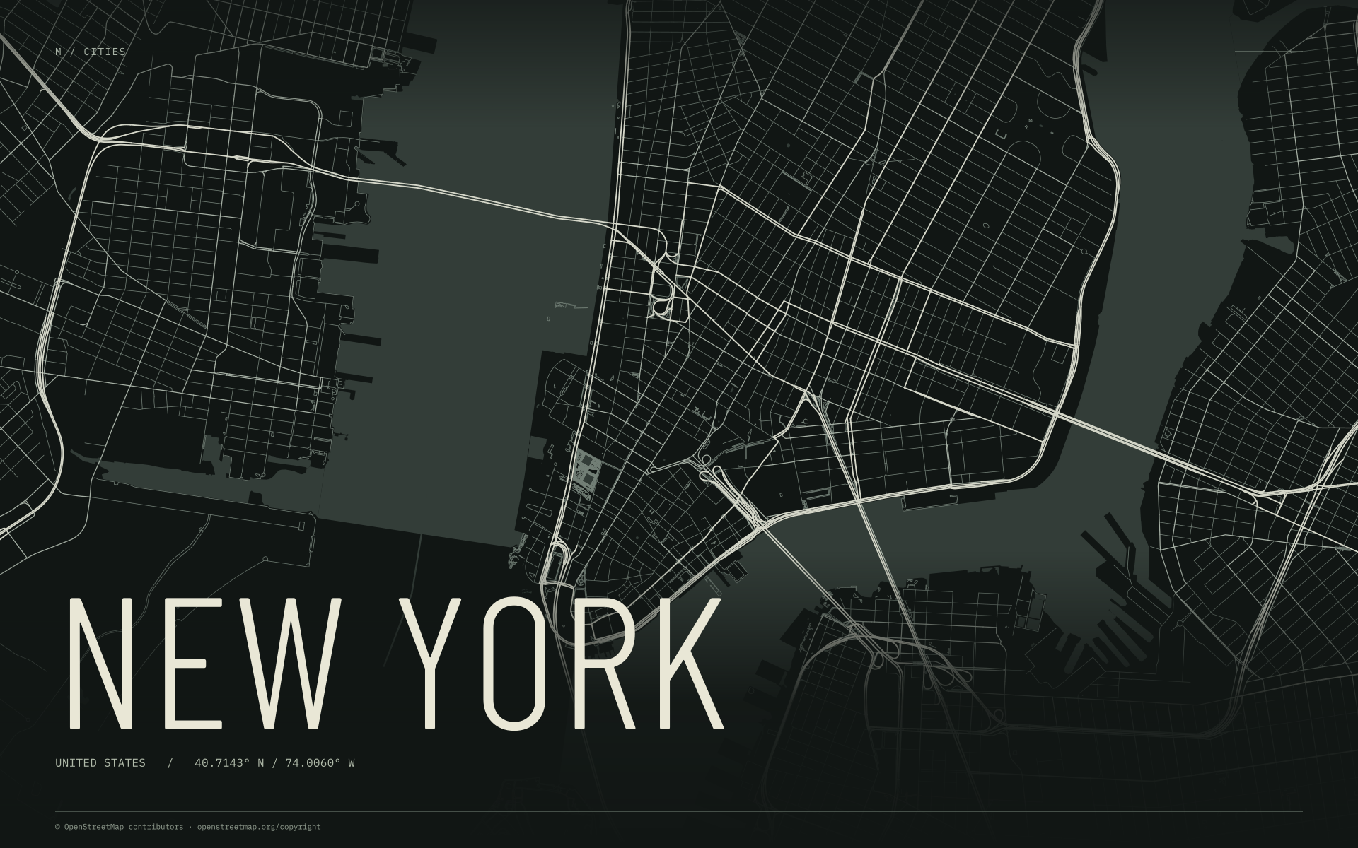 New York street map wallpaper with ivory streets on a dark background and geographic coordinates