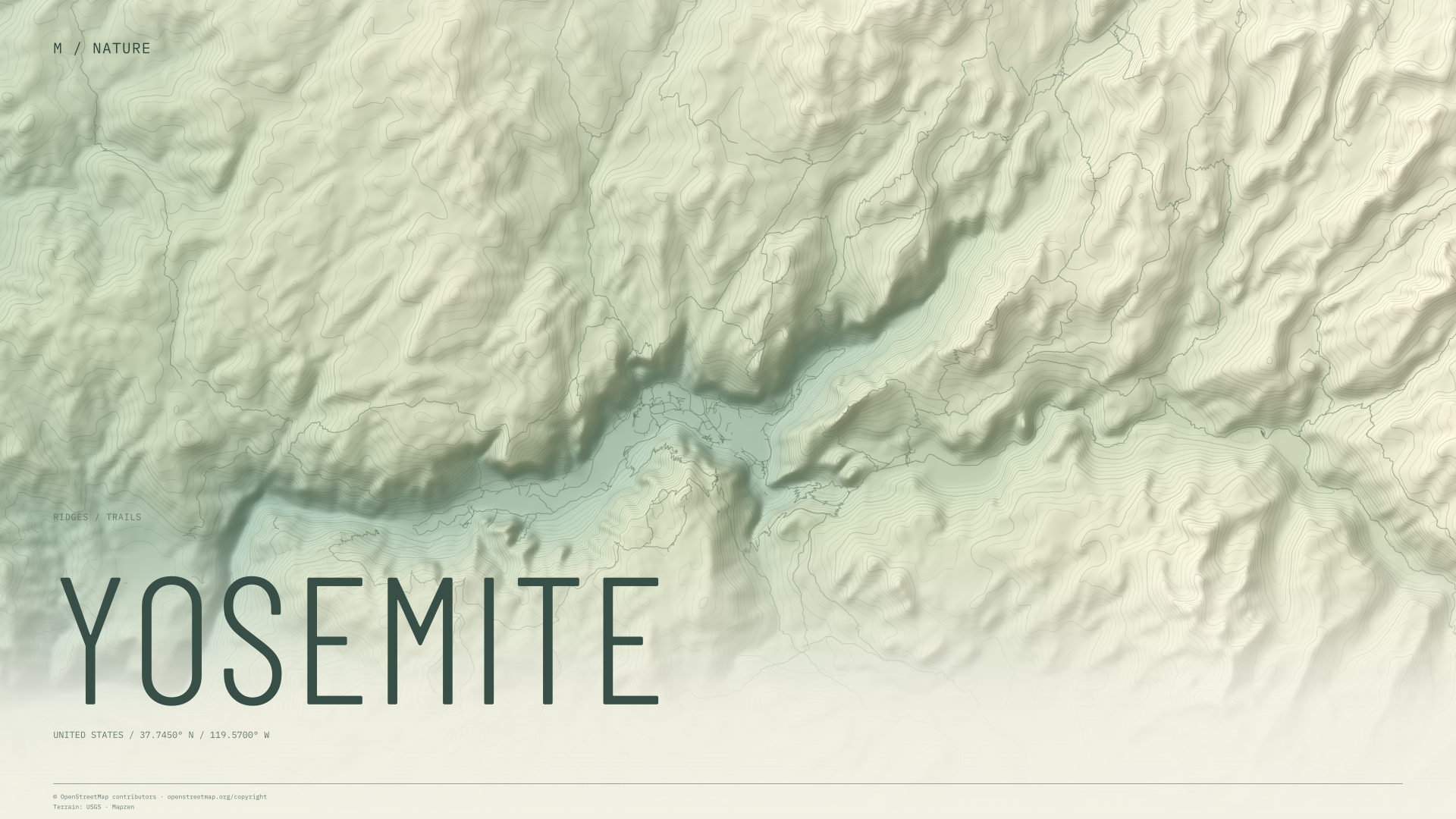 Yosemite nature wallpaper with sage terrain and trails and geographic coordinates